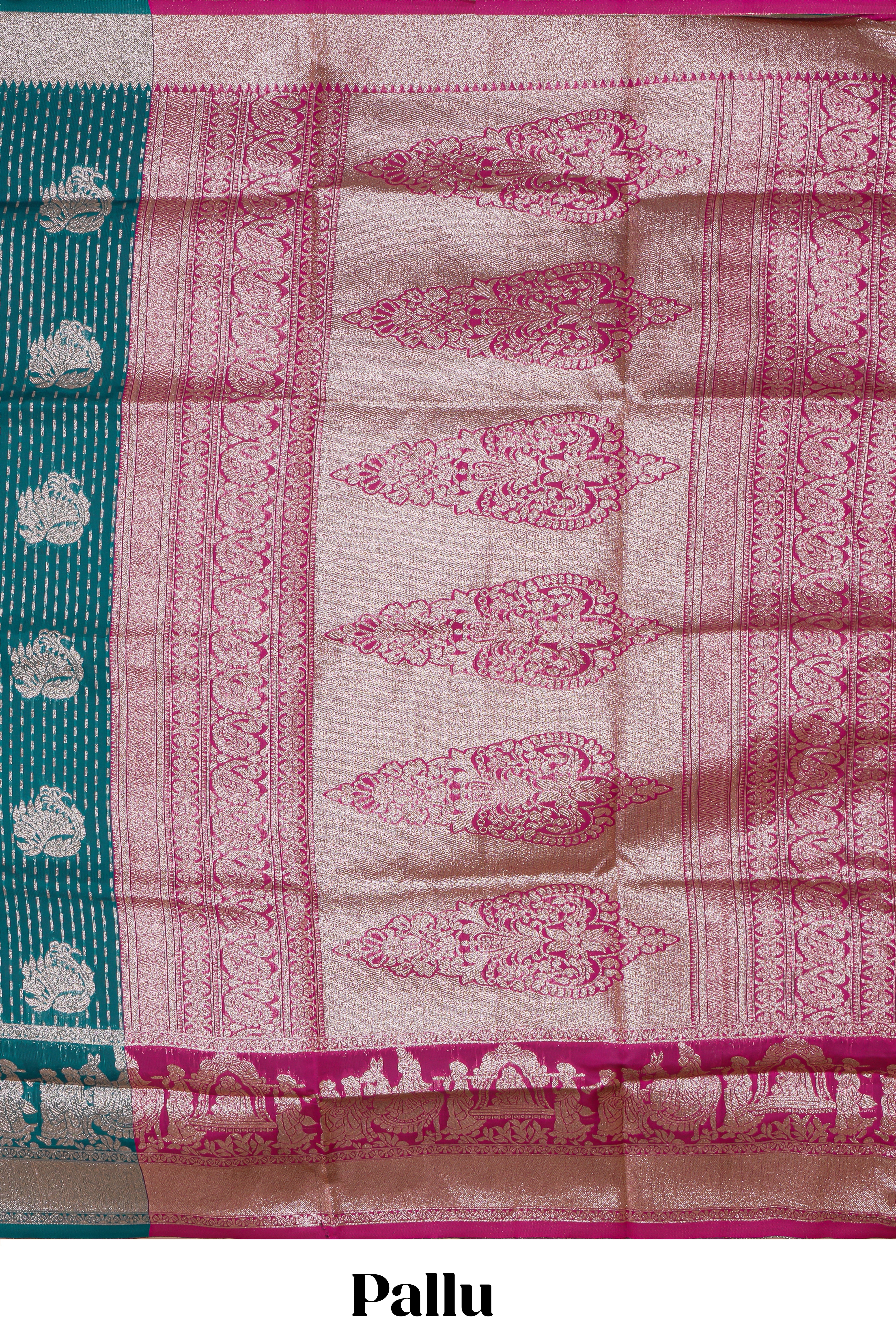 Green floral motifs design art silk saree with self traditional palak design border and contrast blouse