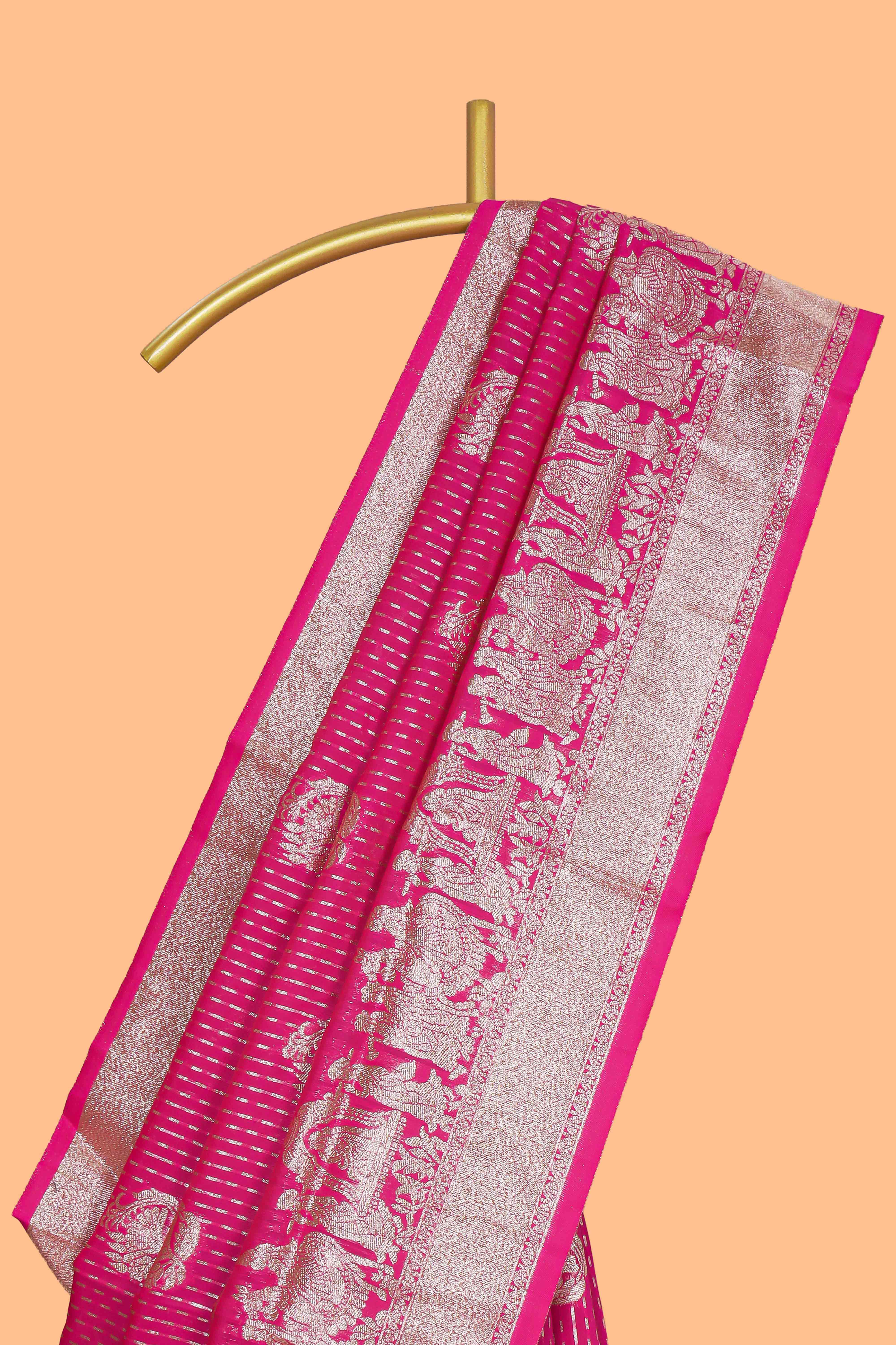Pink floral motifs design art silk saree with self traditional palak design border and contrast blouse
