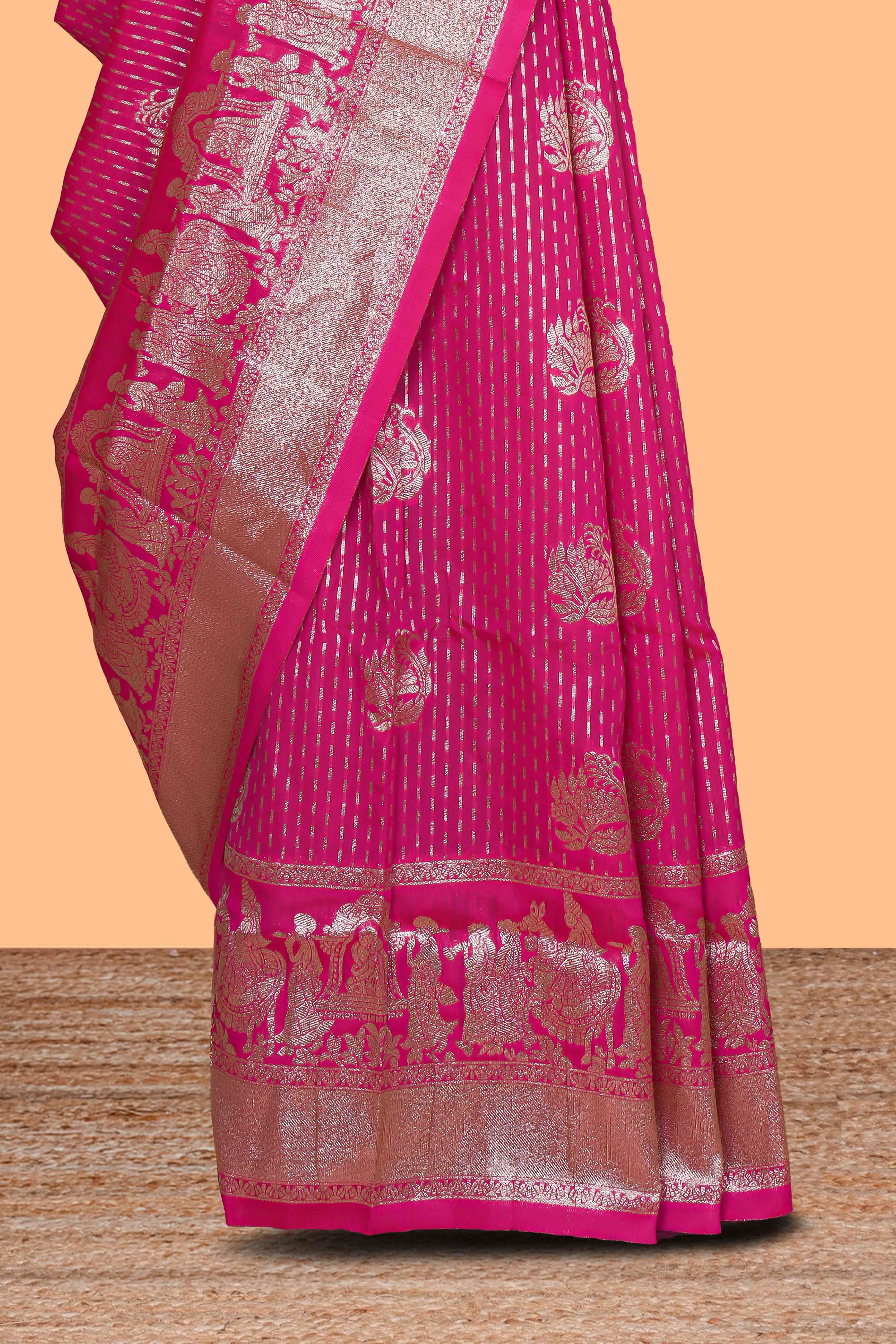 Pink floral motifs design art silk saree with self traditional palak design border and contrast blouse
