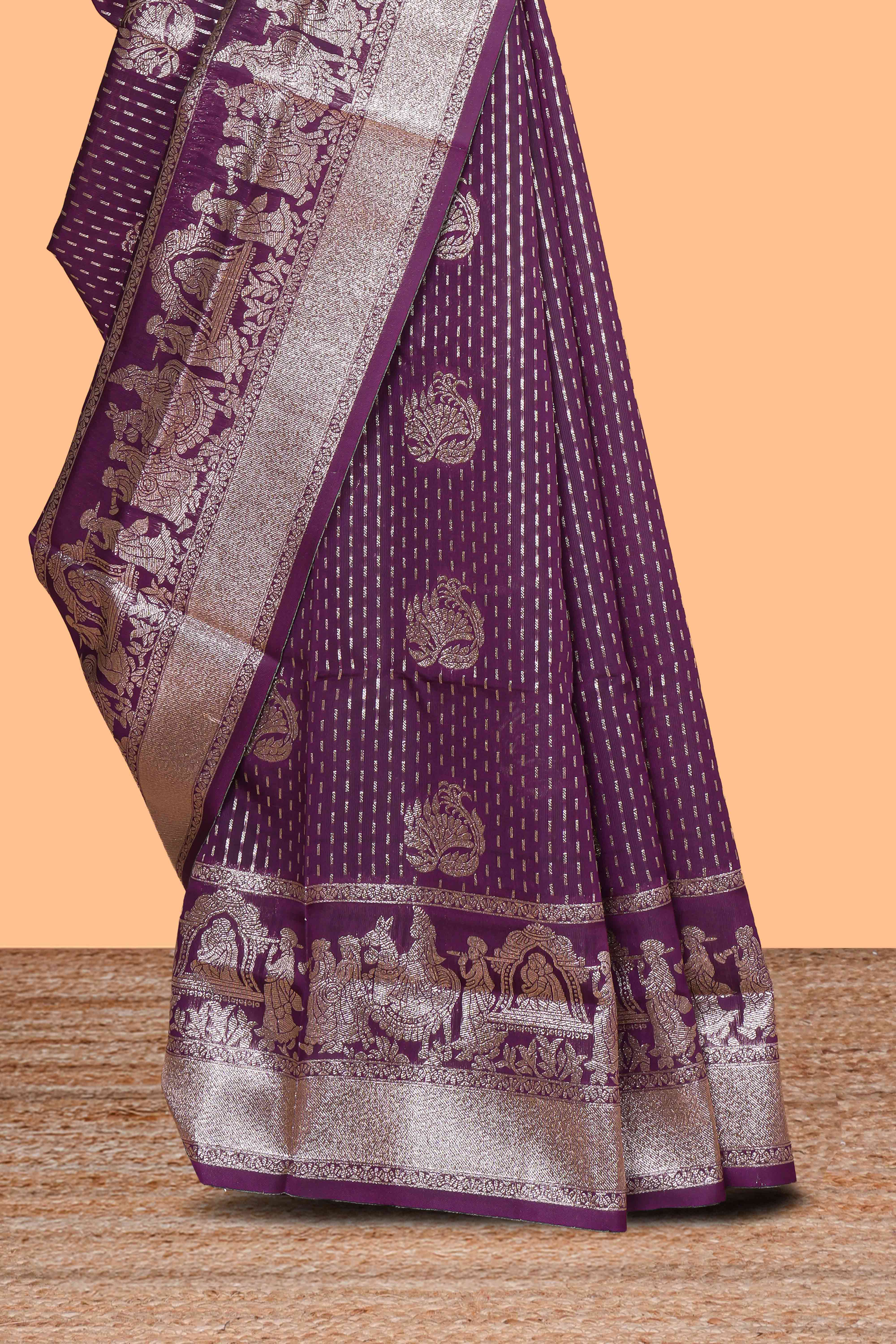 Purple floral motifs design art silk saree with self traditional palak design border and contrast blouse