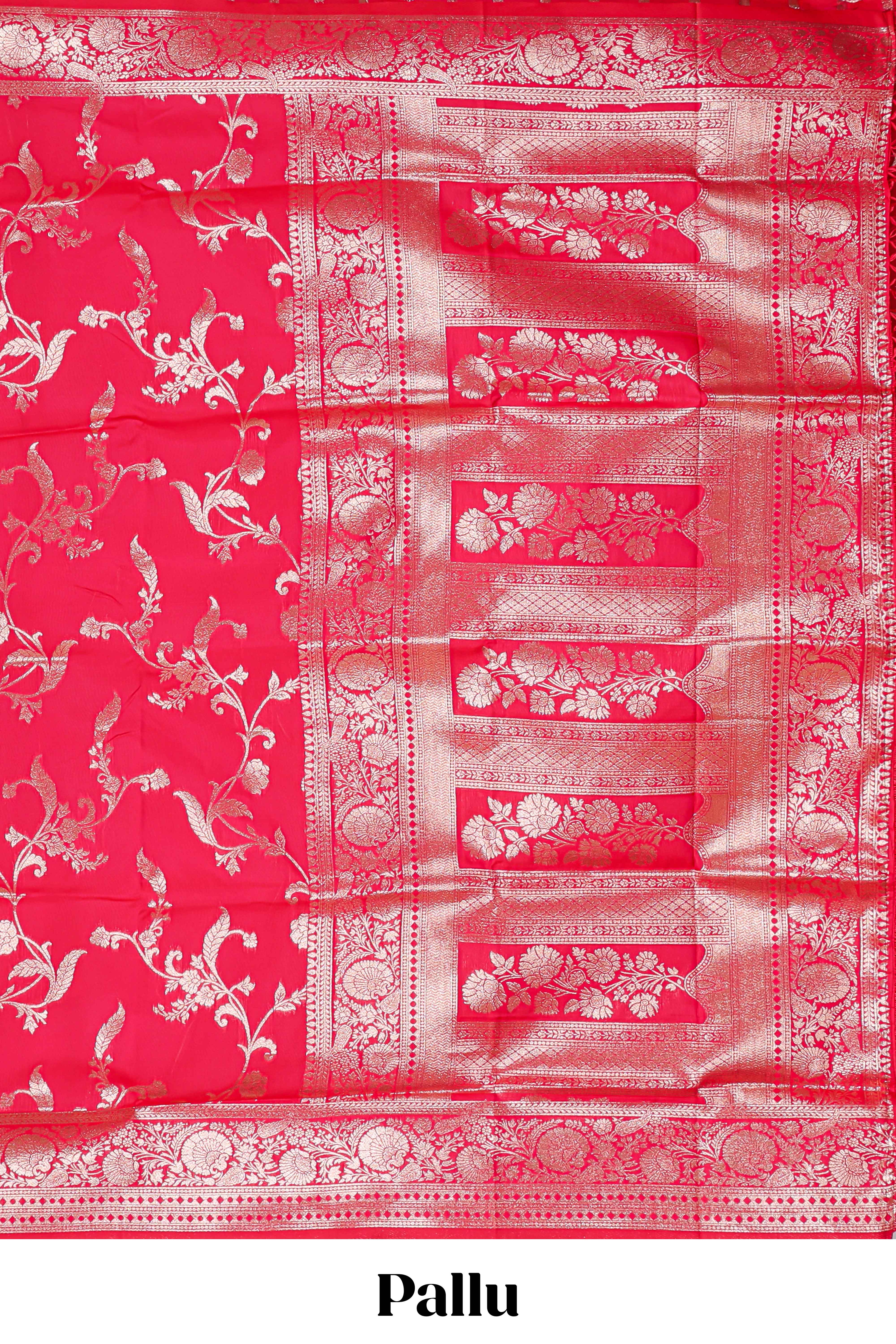 Rani pink floral design art silk saree with self zari border and motifs blouse