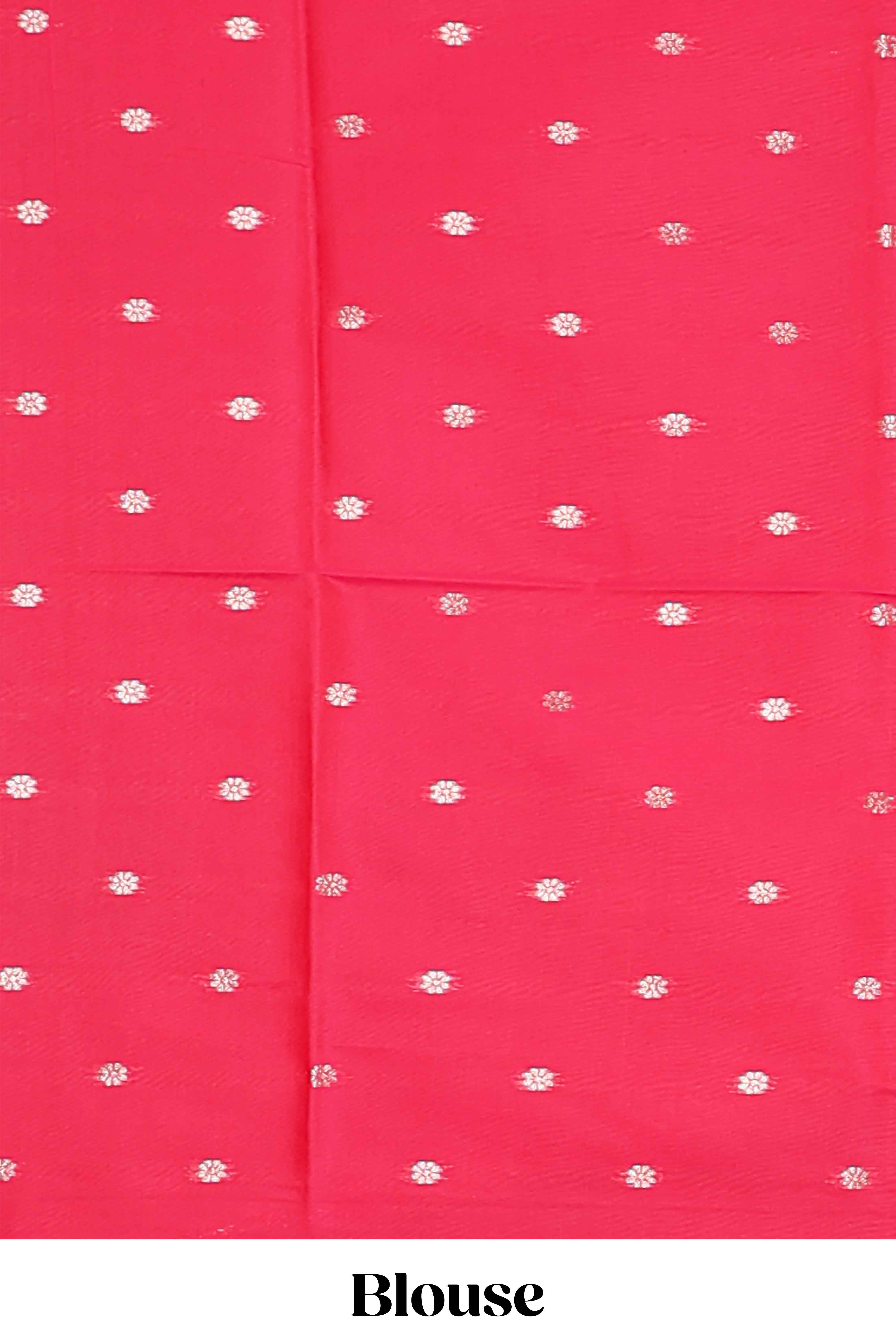 Rani pink floral design art silk saree with self zari border and motifs blouse