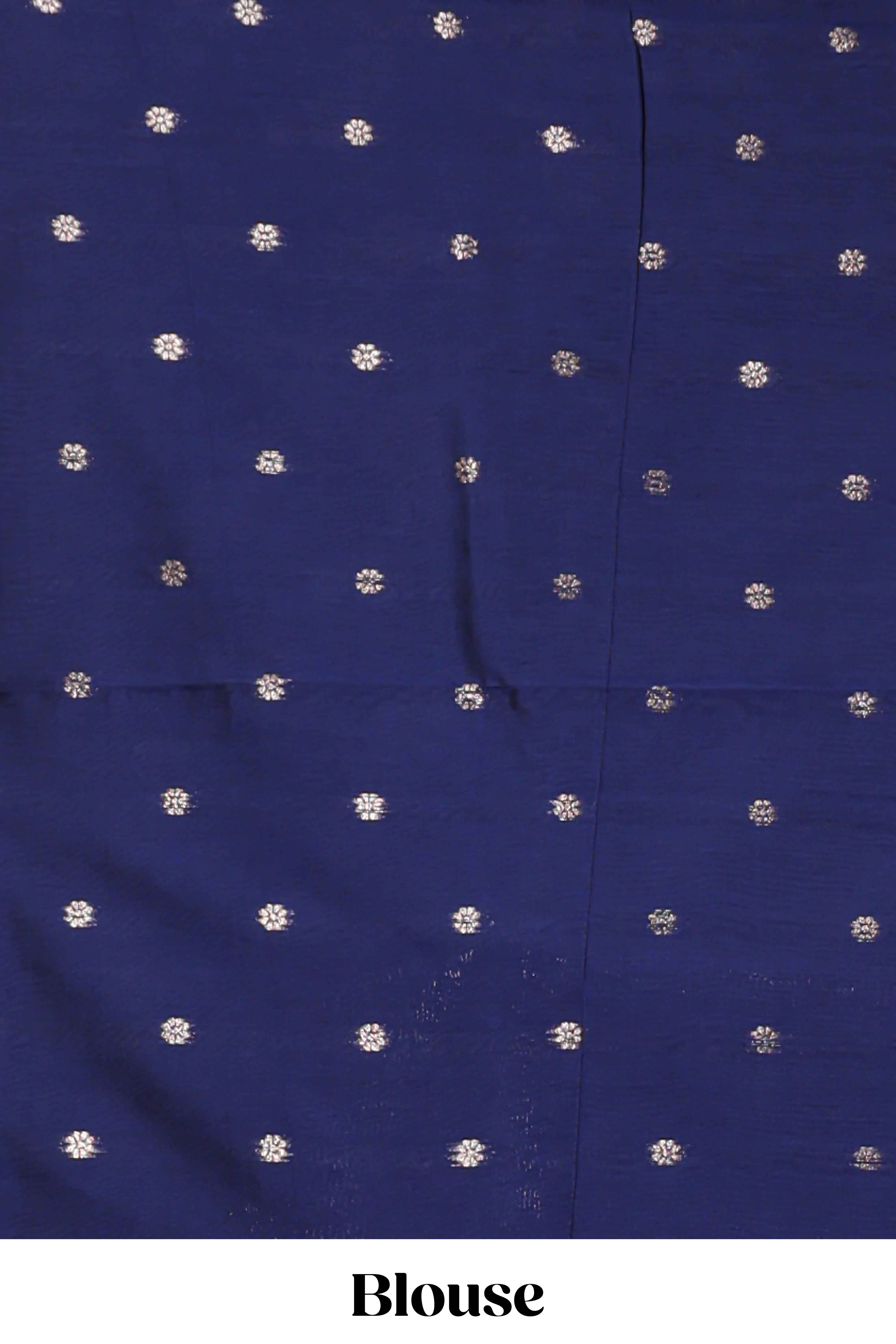 Blue floral design art silk saree with self zari border and matching motifs blouse