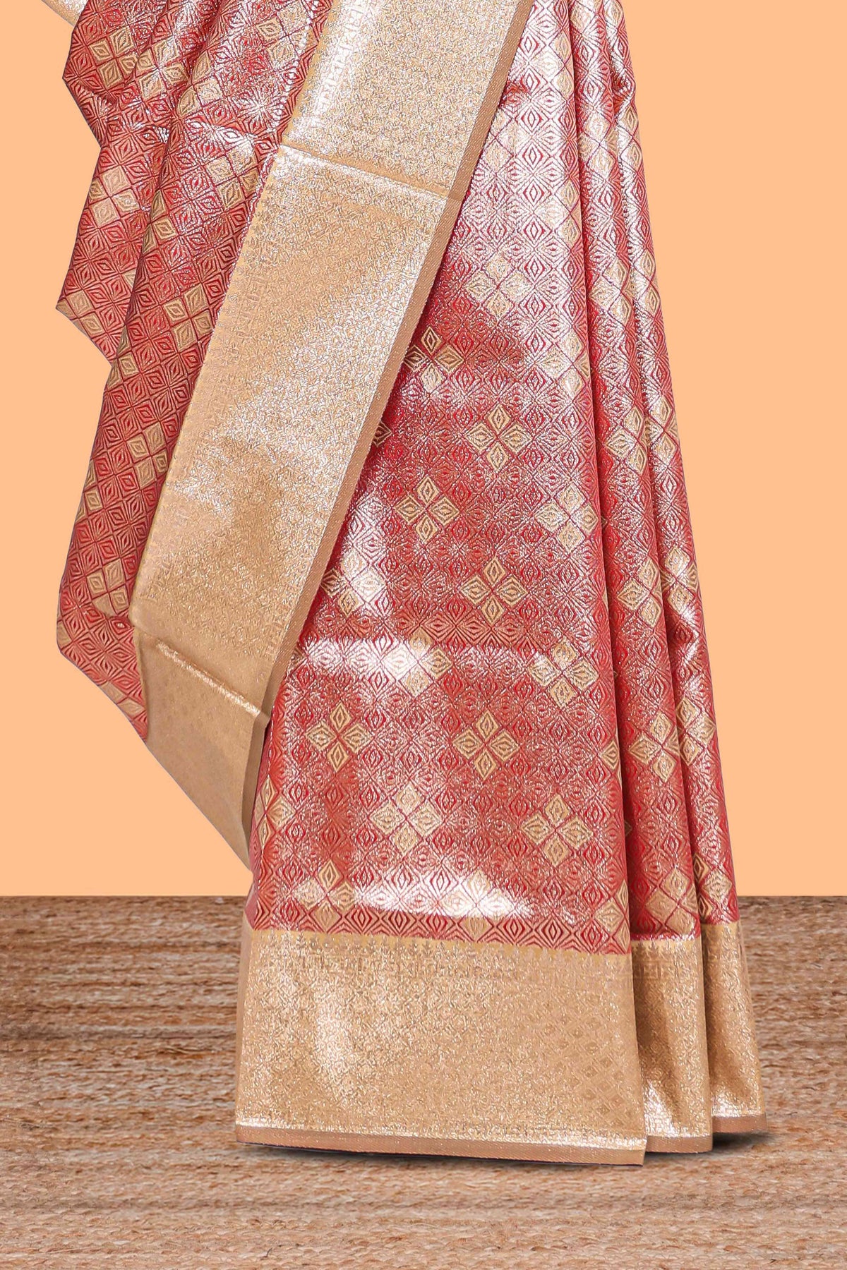 Pink floral design art silk saree with contrast zari border and motifs blouse