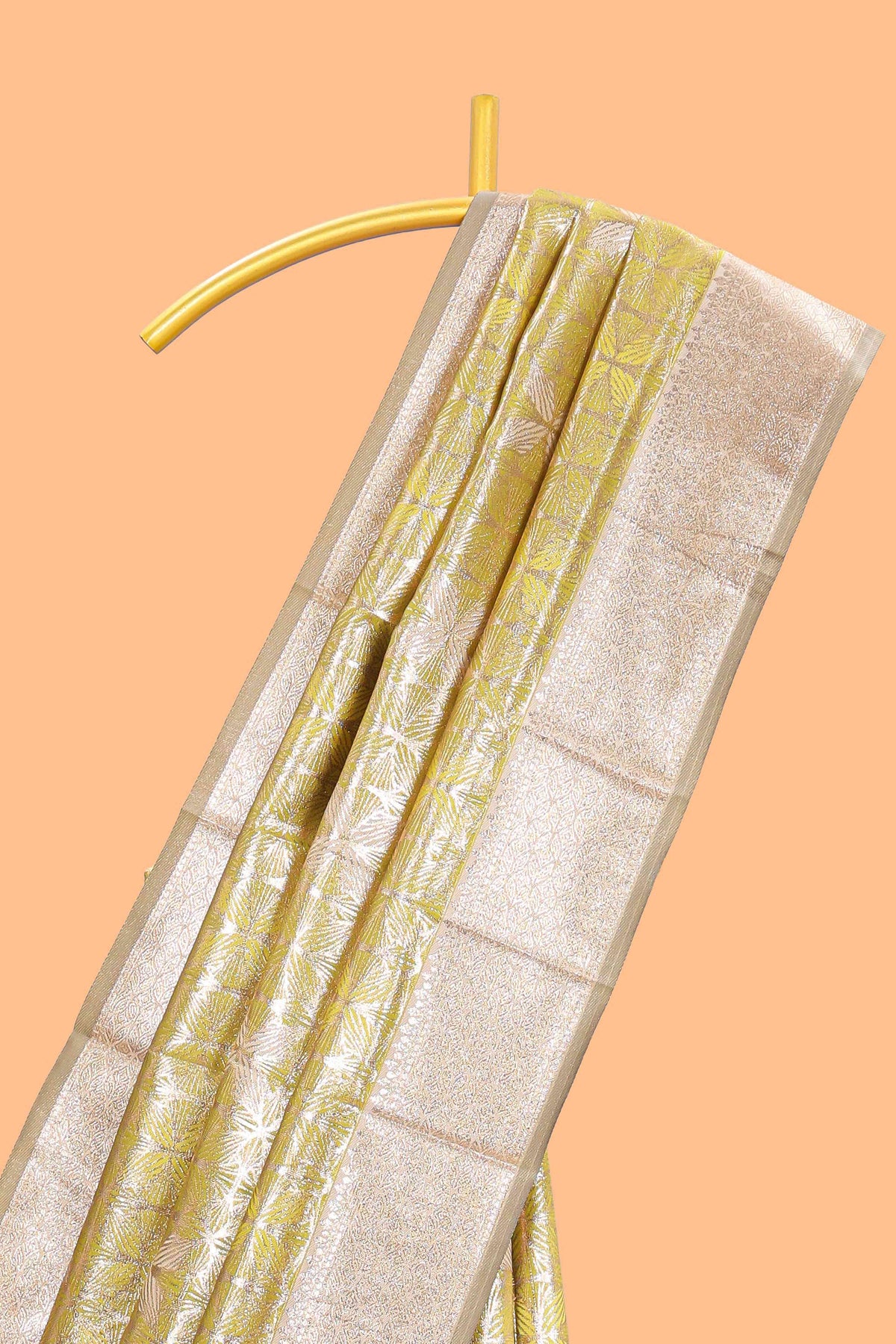 Lemon yellow geometric floral design art silk saree with contrast zari border and motifs blouse