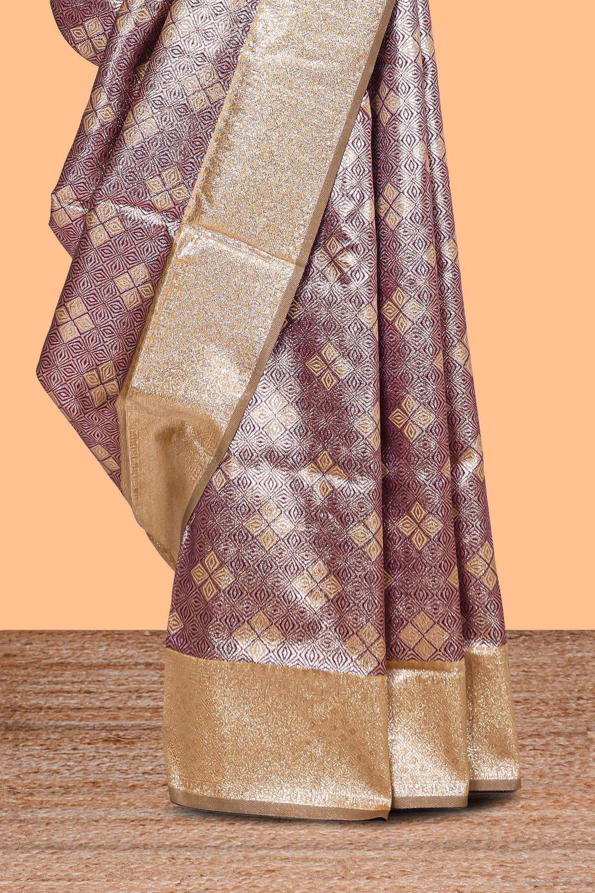 Purple floral design art silk saree with contrast zari border and motifs blouse