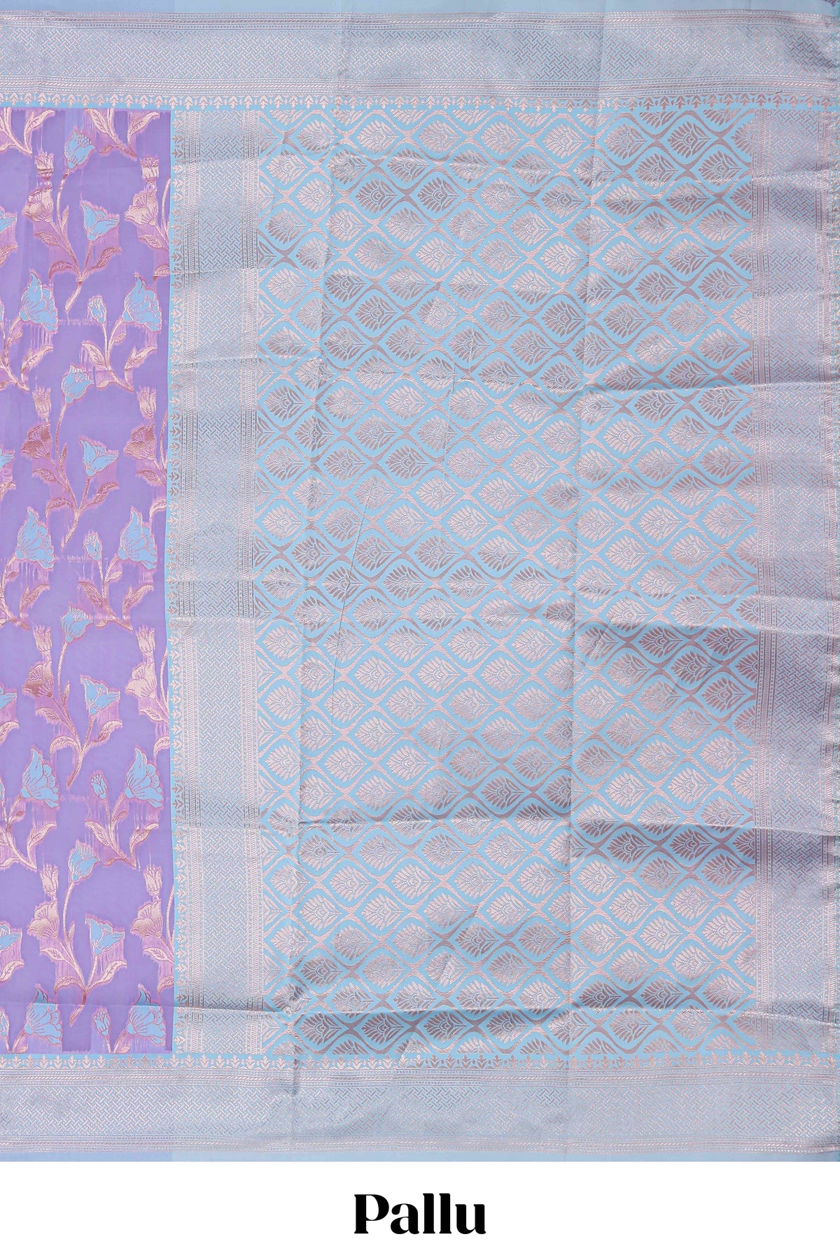 Lavender floral design art silk saree with contrast zari border and motifs blouse