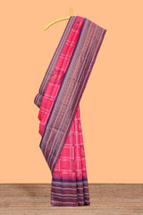 Pink checked floral motifs design art silk saree with contrast border and motifs blouse