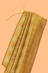 Borderless golden checked motifs design art silk saree with self zari pallu and motifs blouse