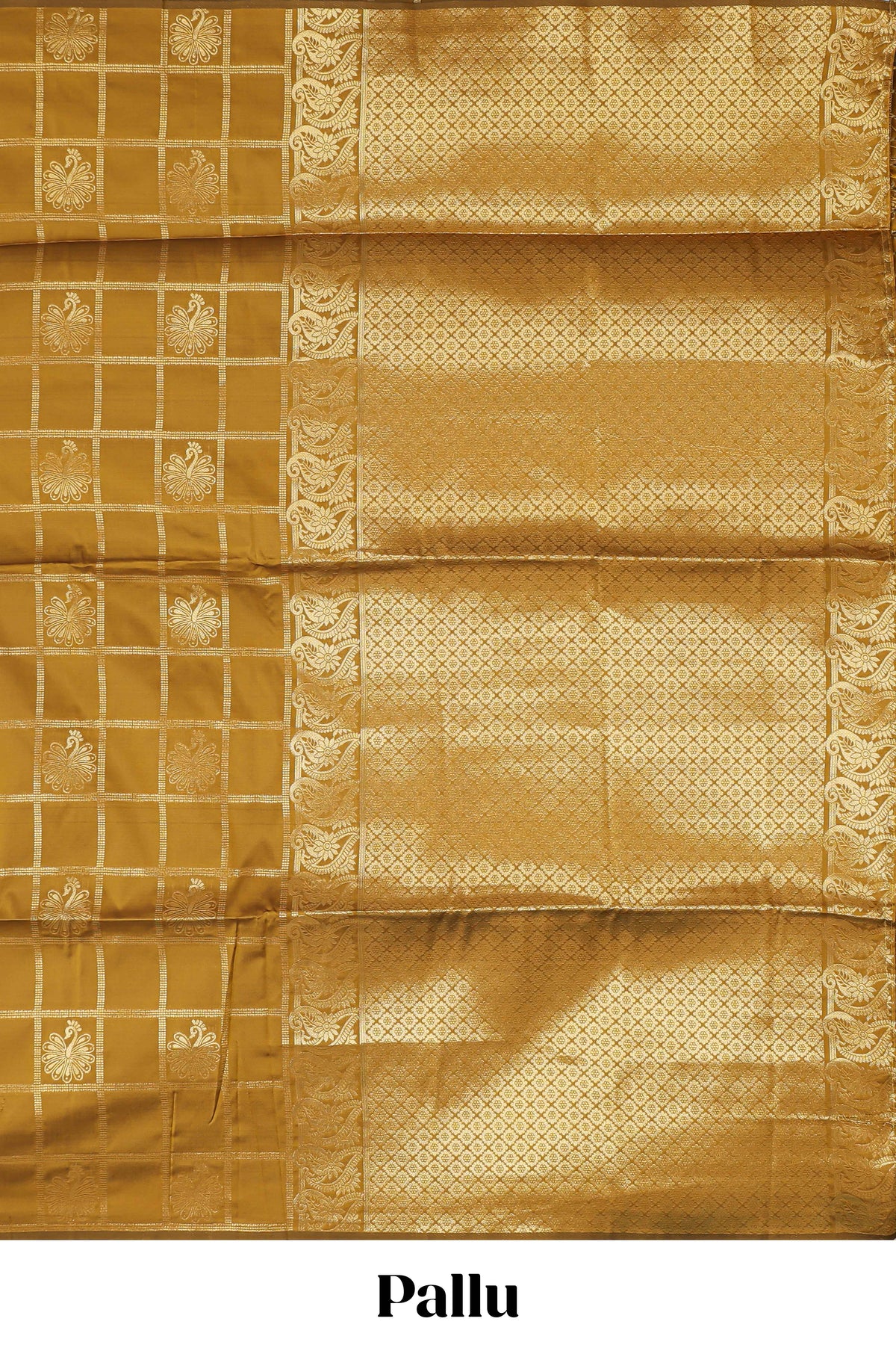 Borderless golden checked motifs design art silk saree with self zari pallu and motifs blouse
