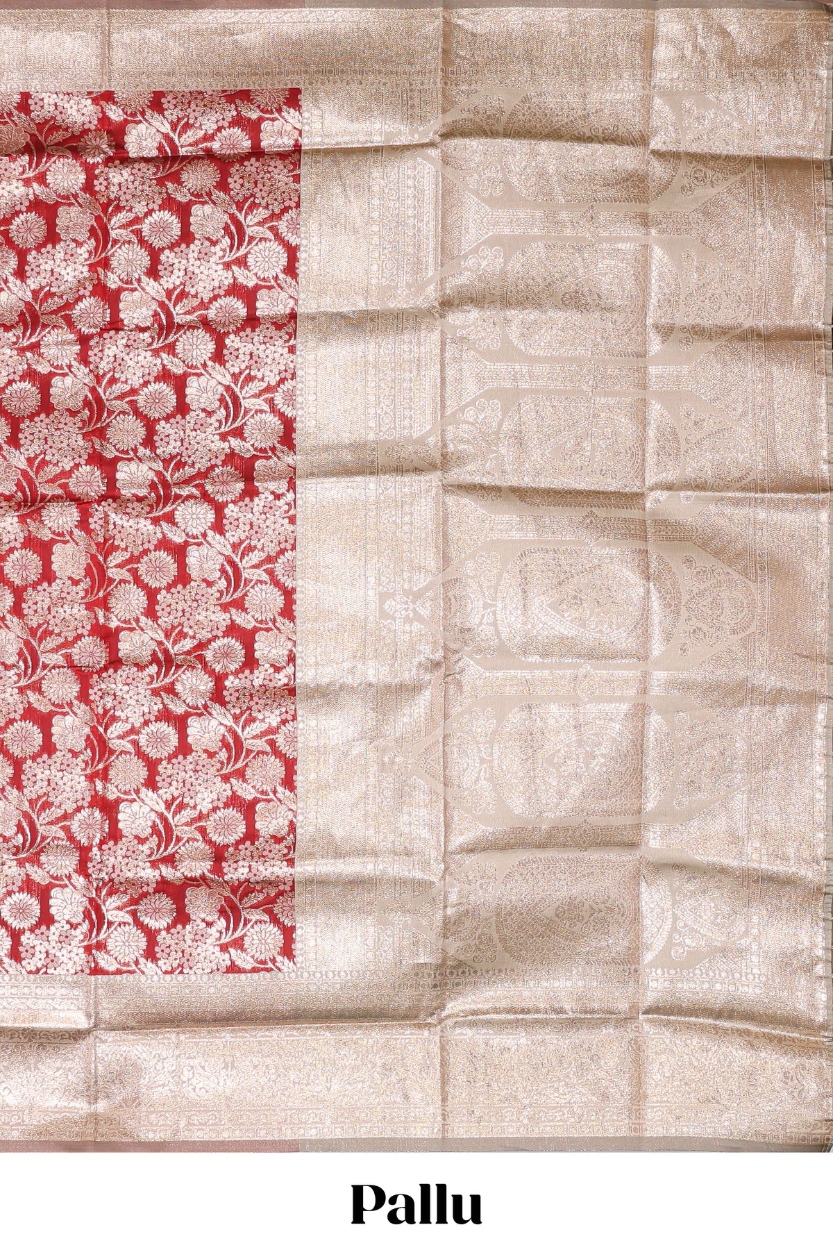 Red floral design art silk saree with contrast zari border and motifs blouse