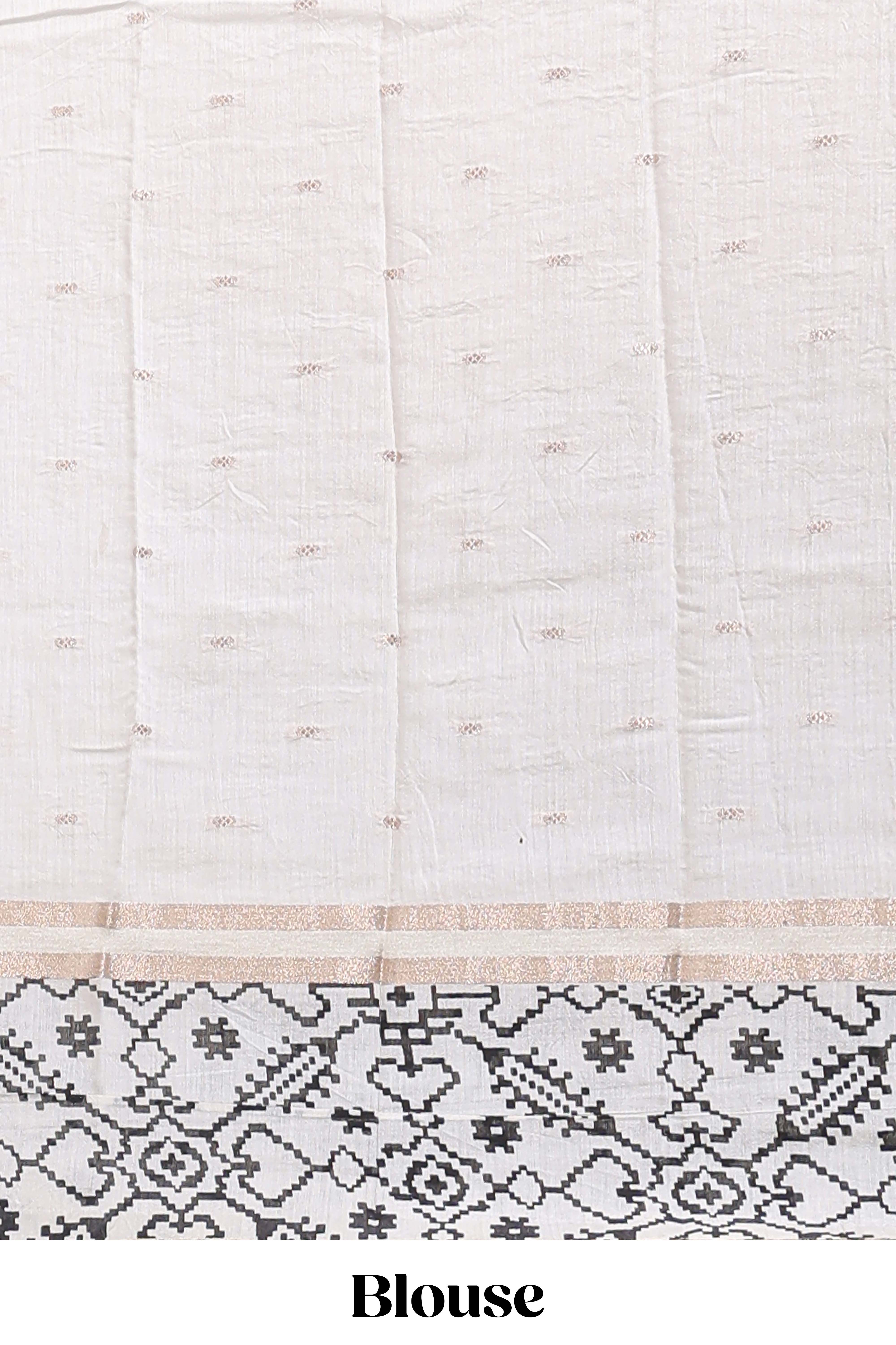 White plain assam silk saree eith self ikkat style border and matching blouse