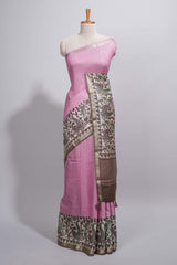 Elegant pastel pink Assam Silk saree withfloral woven motifs rich zari border and contrastpallu with fine stripes and tassel detailing along with blouse piece