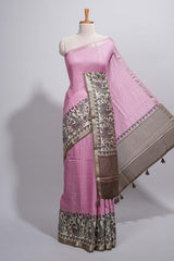 Elegant pastel pink Assam Silk saree withfloral woven motifs rich zari border and contrastpallu with fine stripes and tassel detailing along with blouse piece