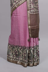 Elegant pastel pink Assam Silk saree withfloral woven motifs rich zari border and contrastpallu with fine stripes and tassel detailing along with blouse piece