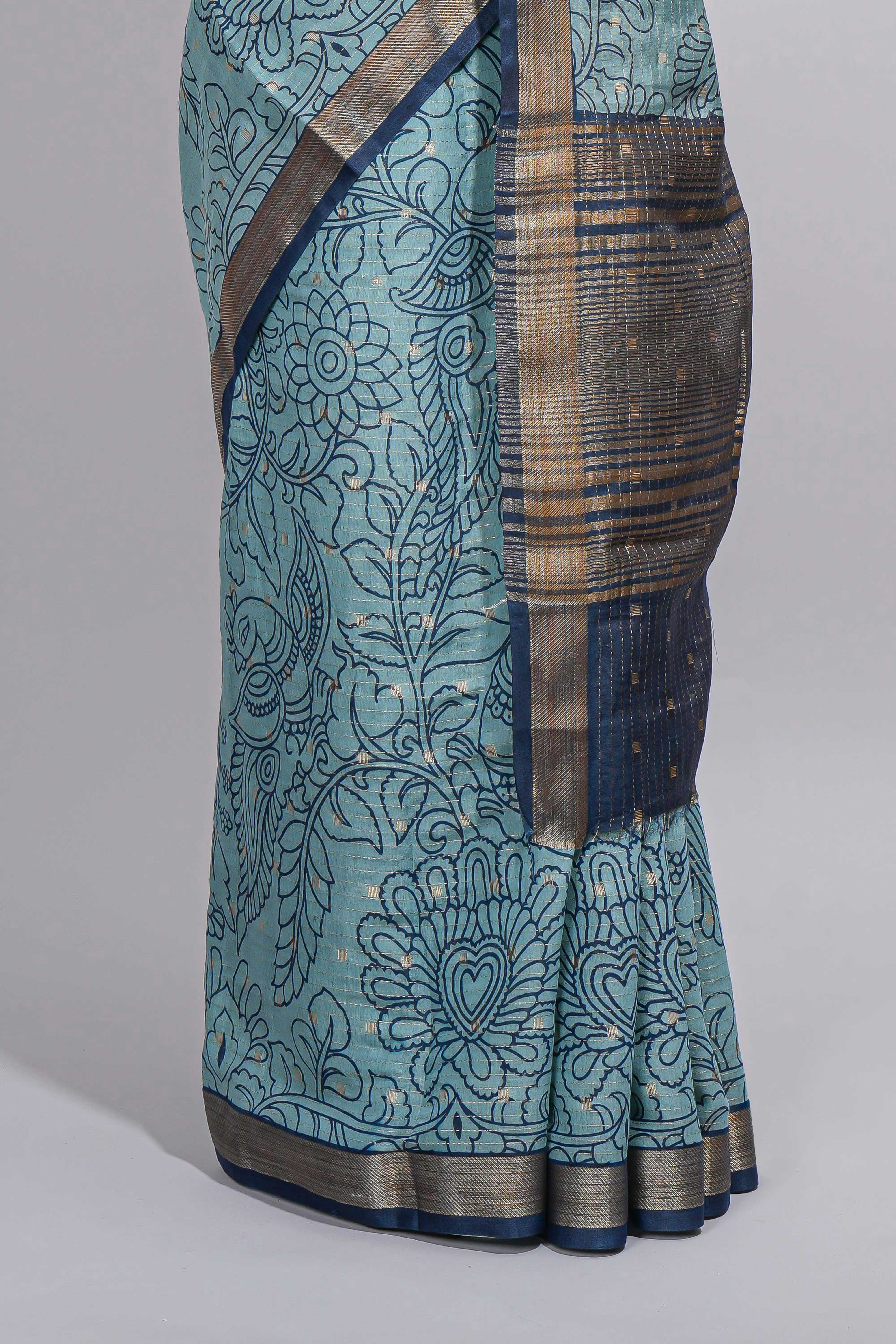 Elegant aqua blue Assam Silk saree with floral vine motifs detailed woven patterns contrastpallu and zari border alond with contrast blouse