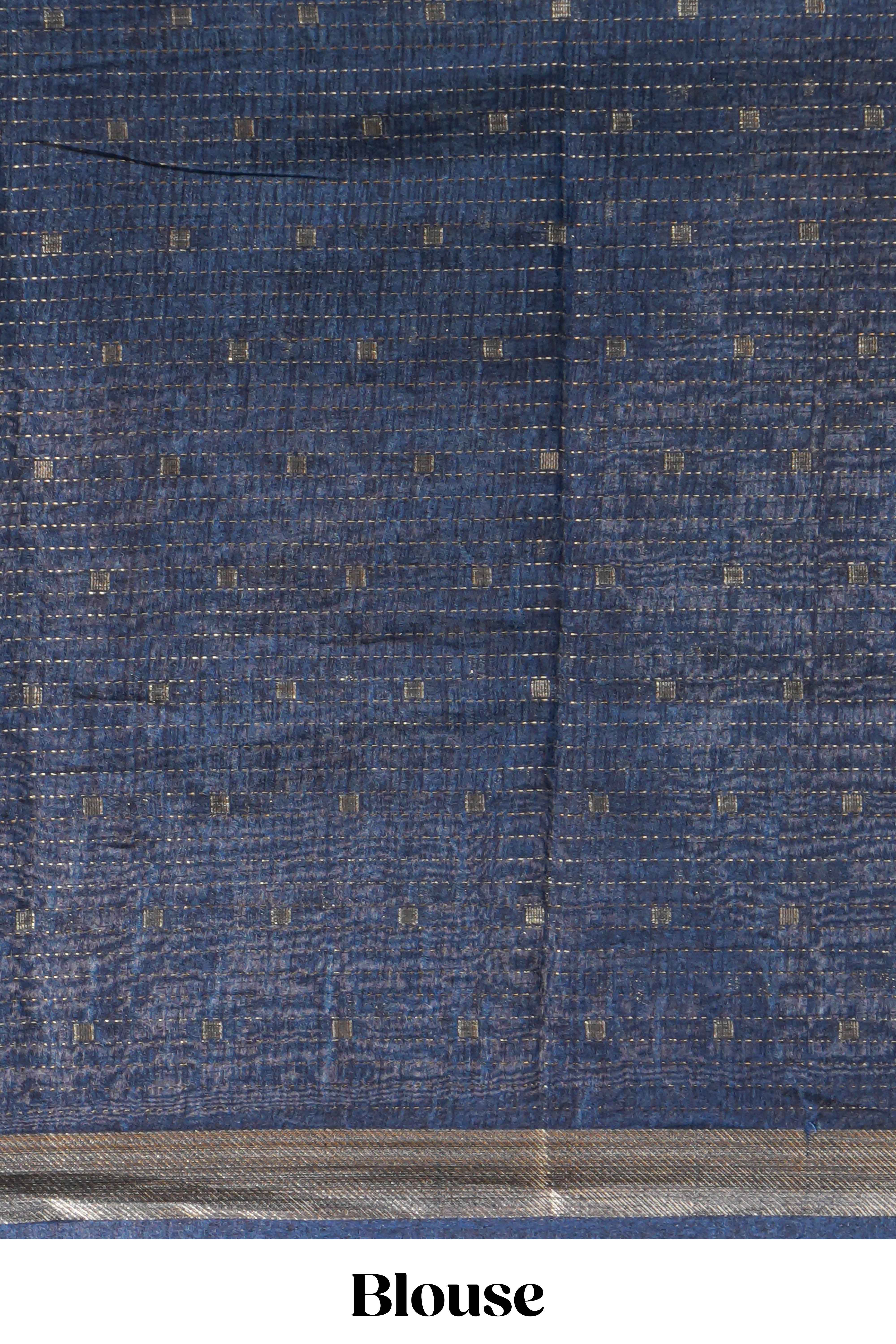 Elegant aqua blue Assam Silk saree with floral vine motifs detailed woven patterns contrastpallu and zari border alond with contrast blouse