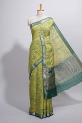 Parrot green Assam Silk saree abstract floral line motifs subtle woven details contrast pallu and rich zari border and contrast blouse