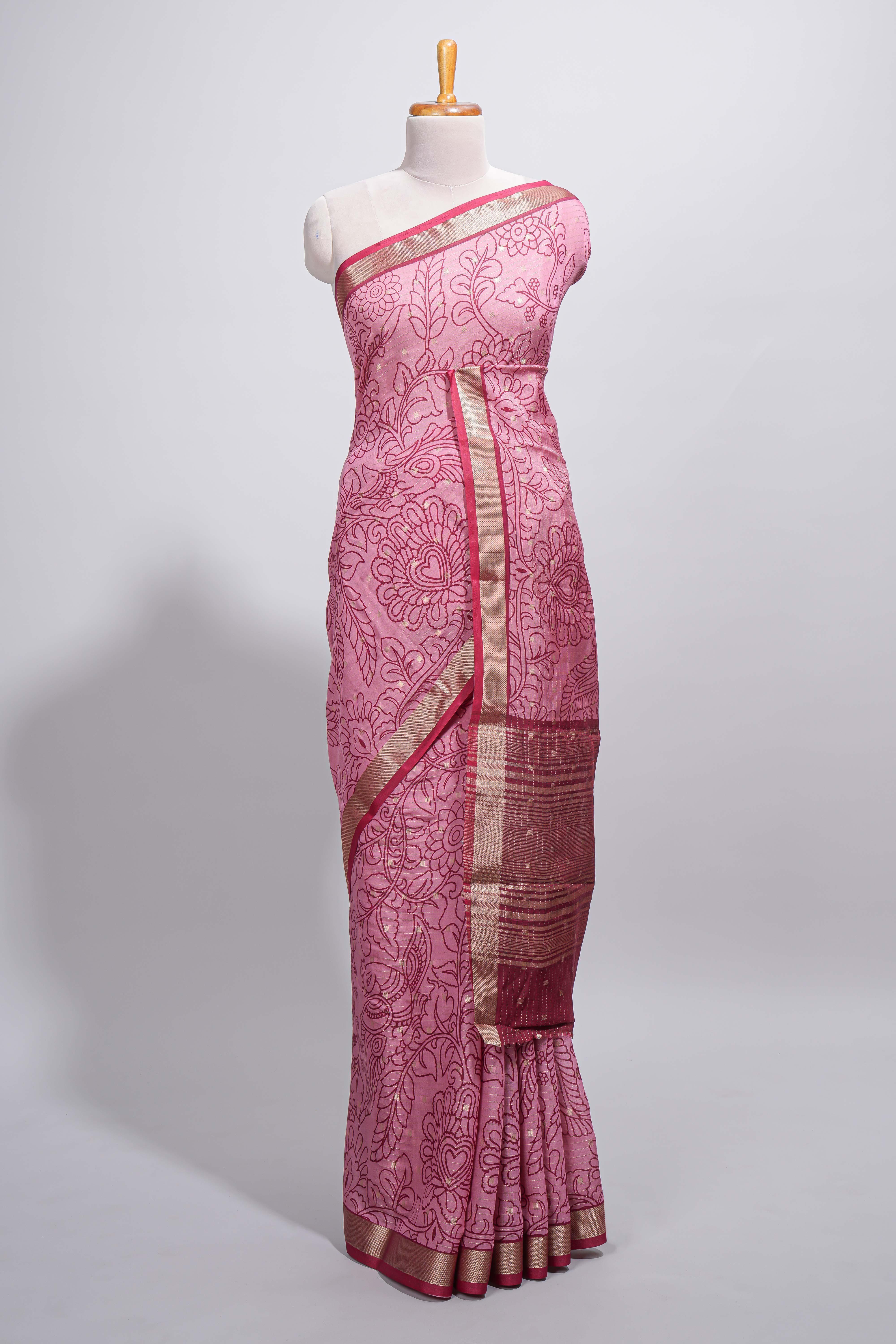 Elegant Pink Assam Silk saree with floral vine motifs detailed woven patterns contrastpallu and zari border alond with contrast blouse