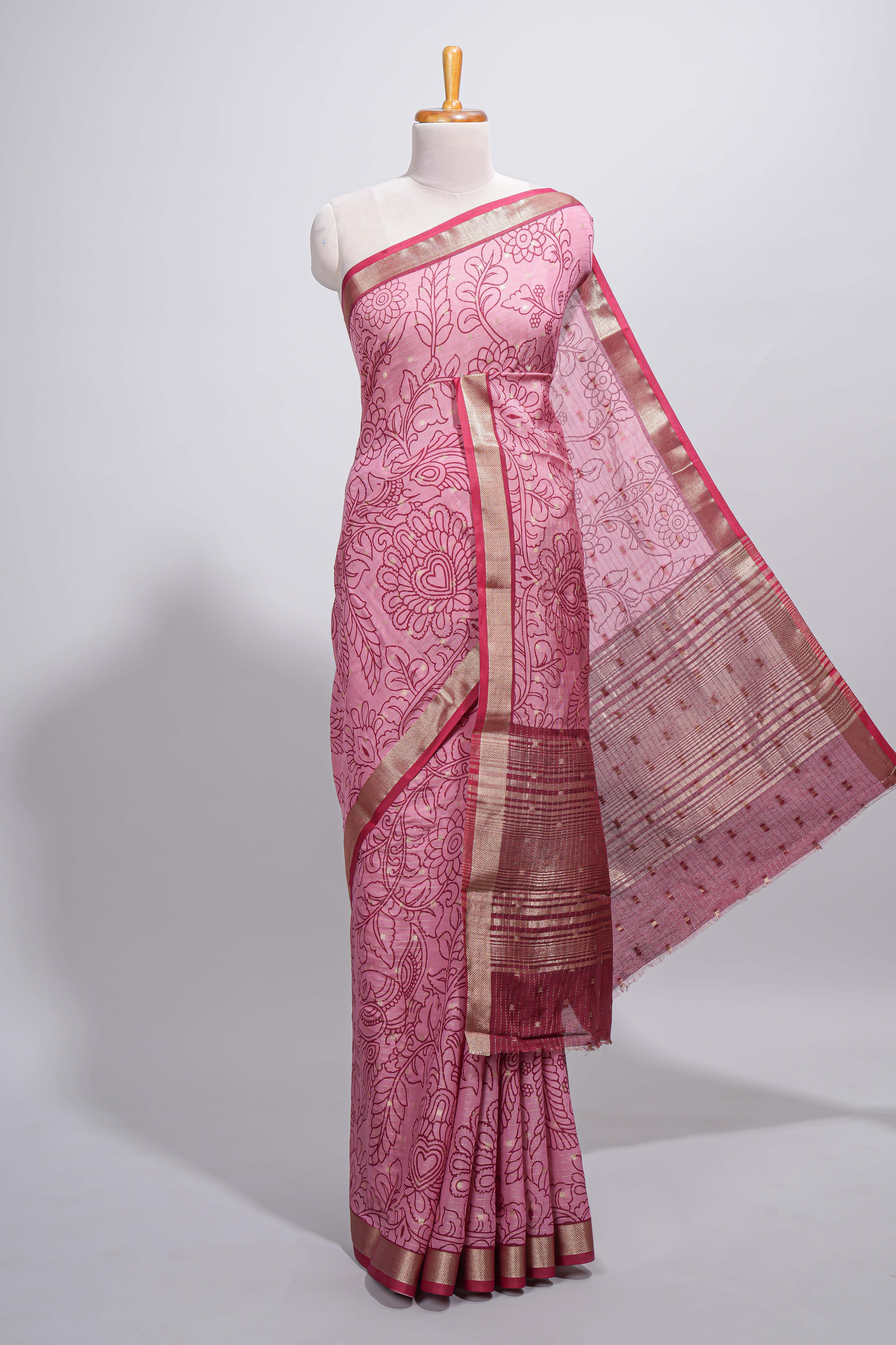 Elegant Pink Assam Silk saree with floral vine motifs detailed woven patterns contrastpallu and zari border alond with contrast blouse