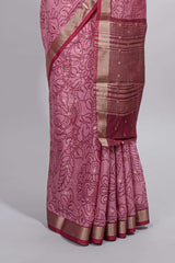 Elegant Pink Assam Silk saree with floral vine motifs detailed woven patterns contrastpallu and zari border alond with contrast blouse
