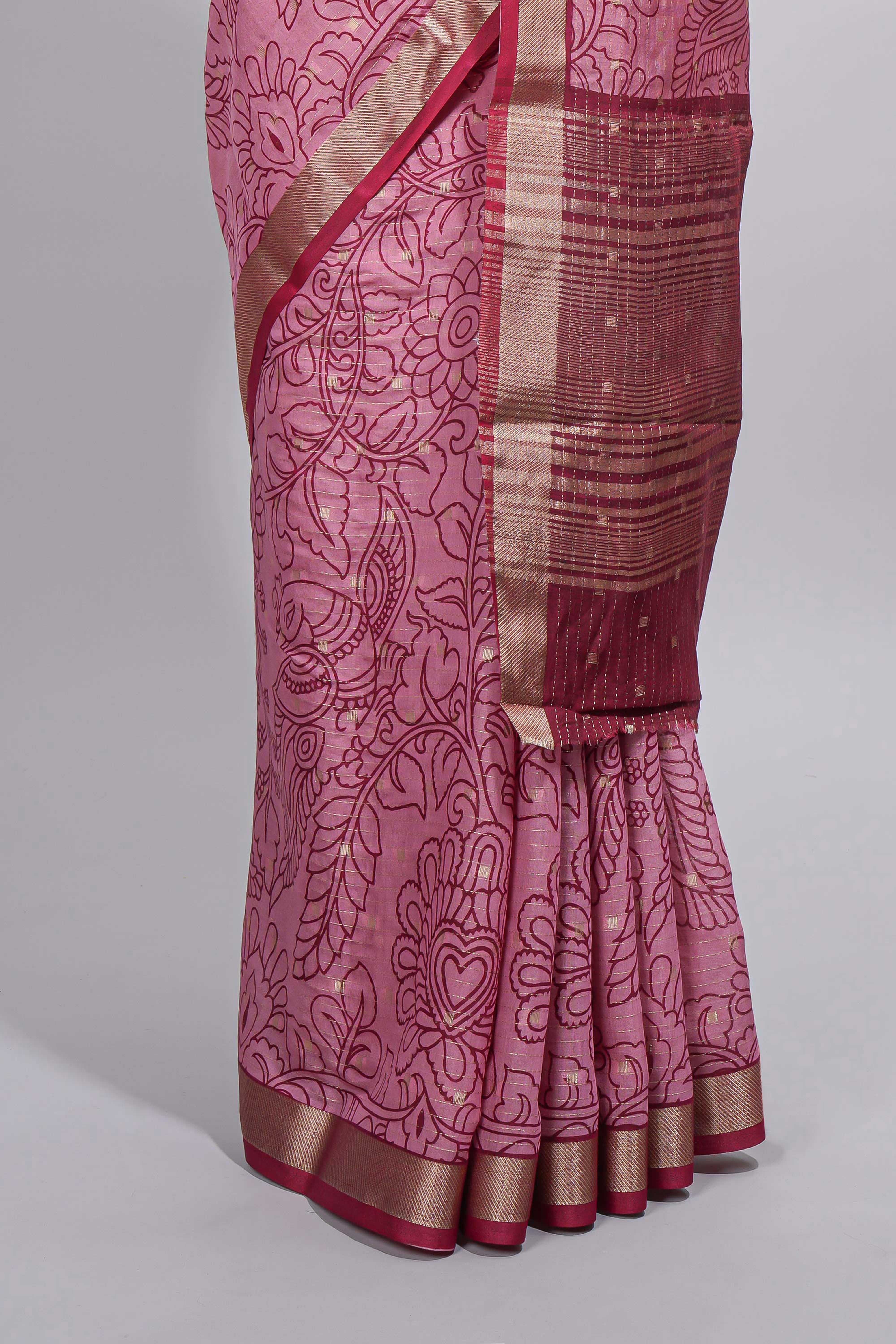 Elegant Pink Assam Silk saree with floral vine motifs detailed woven patterns contrastpallu and zari border alond with contrast blouse