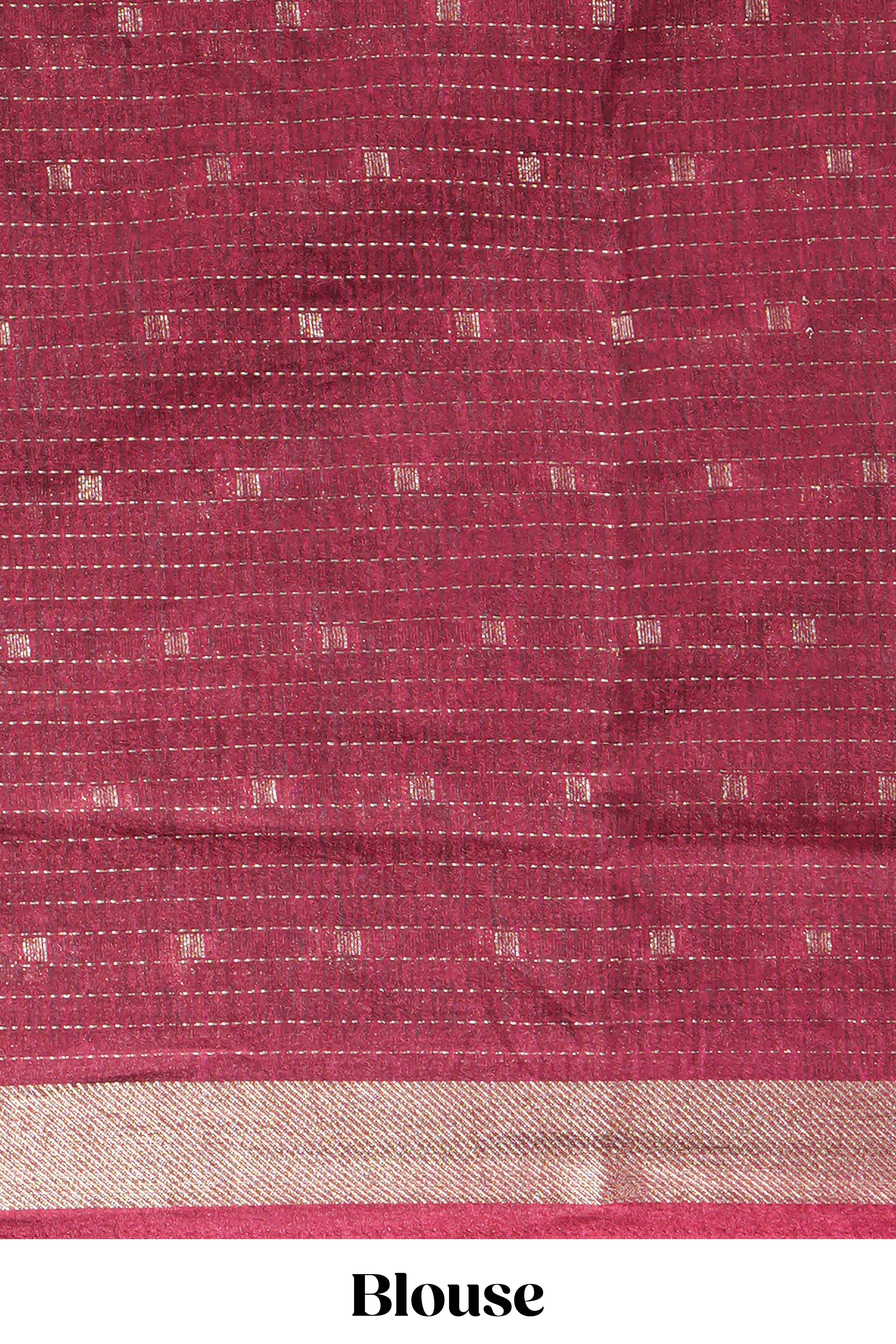 Elegant Pink Assam Silk saree with floral vine motifs detailed woven patterns contrastpallu and zari border alond with contrast blouse
