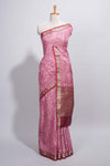 Pink green Assam Silk saree abstract floral line motifs subtle woven details contrast pallu and rich zari border and contrast blouse