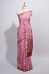 Pink green Assam Silk saree abstract floral line motifs subtle woven details contrast pallu and rich zari border and contrast blouse