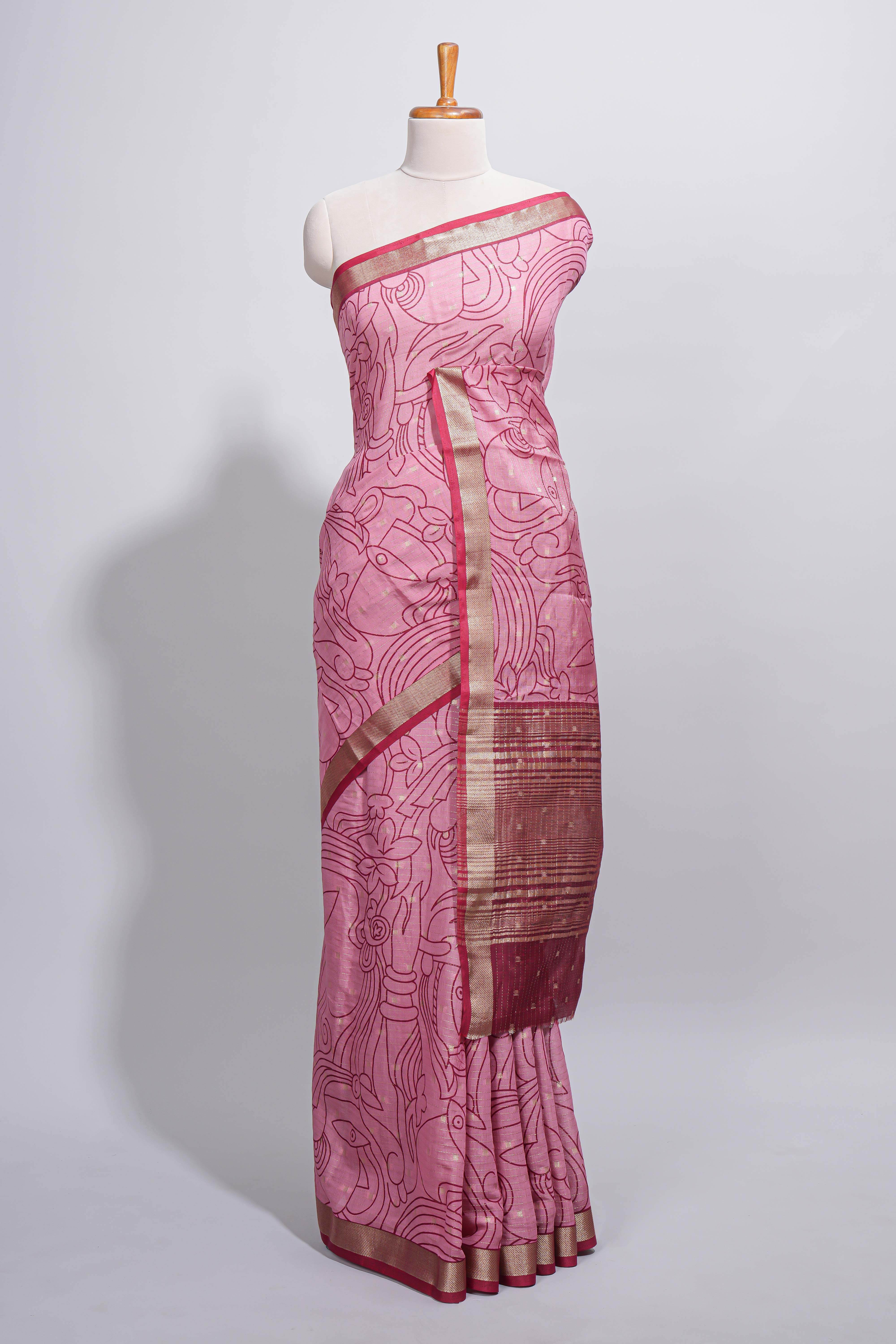 Pink green Assam Silk saree abstract floral line motifs subtle woven details contrast pallu and rich zari border and contrast blouse
