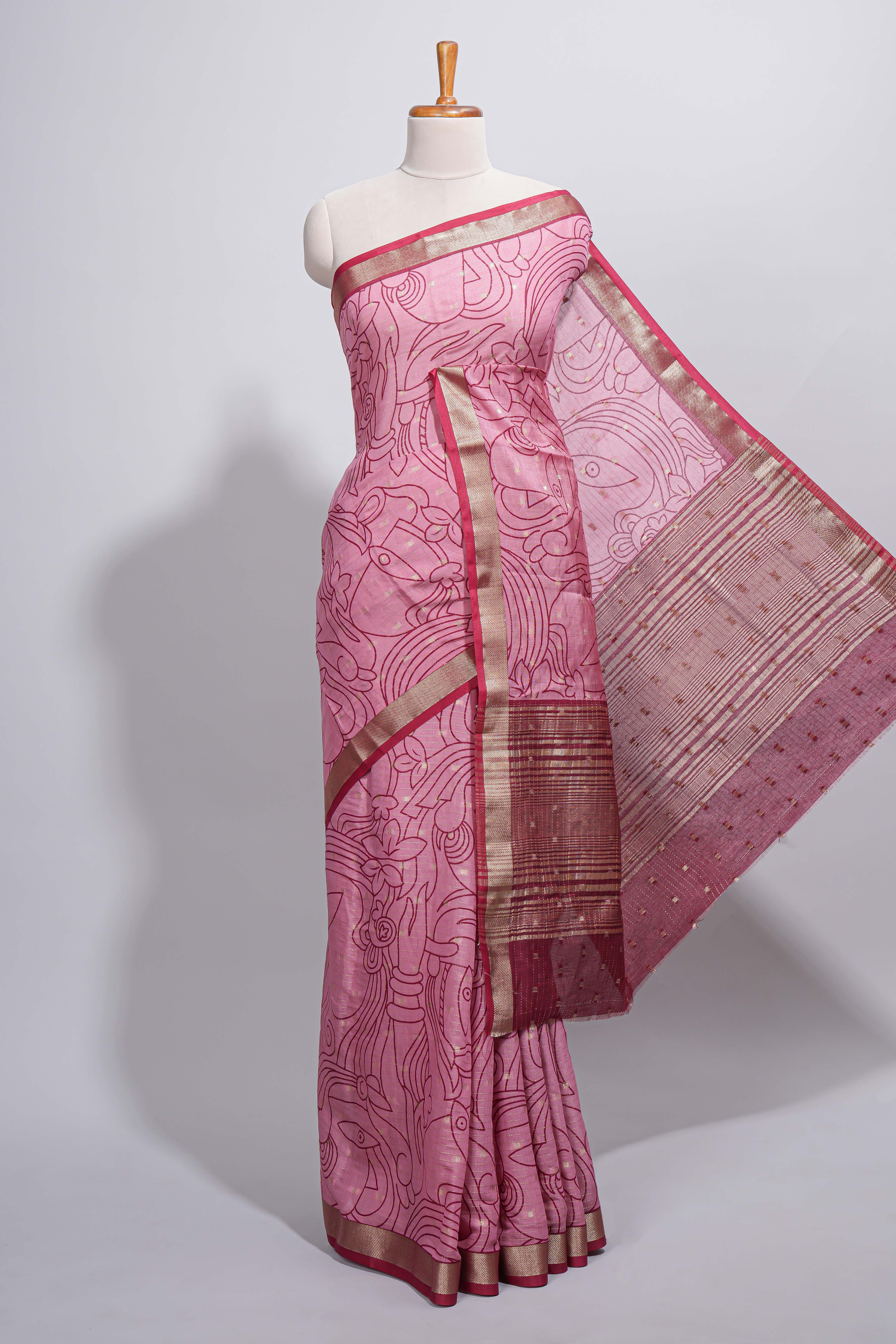 Pink green Assam Silk saree abstract floral line motifs subtle woven details contrast pallu and rich zari border and contrast blouse