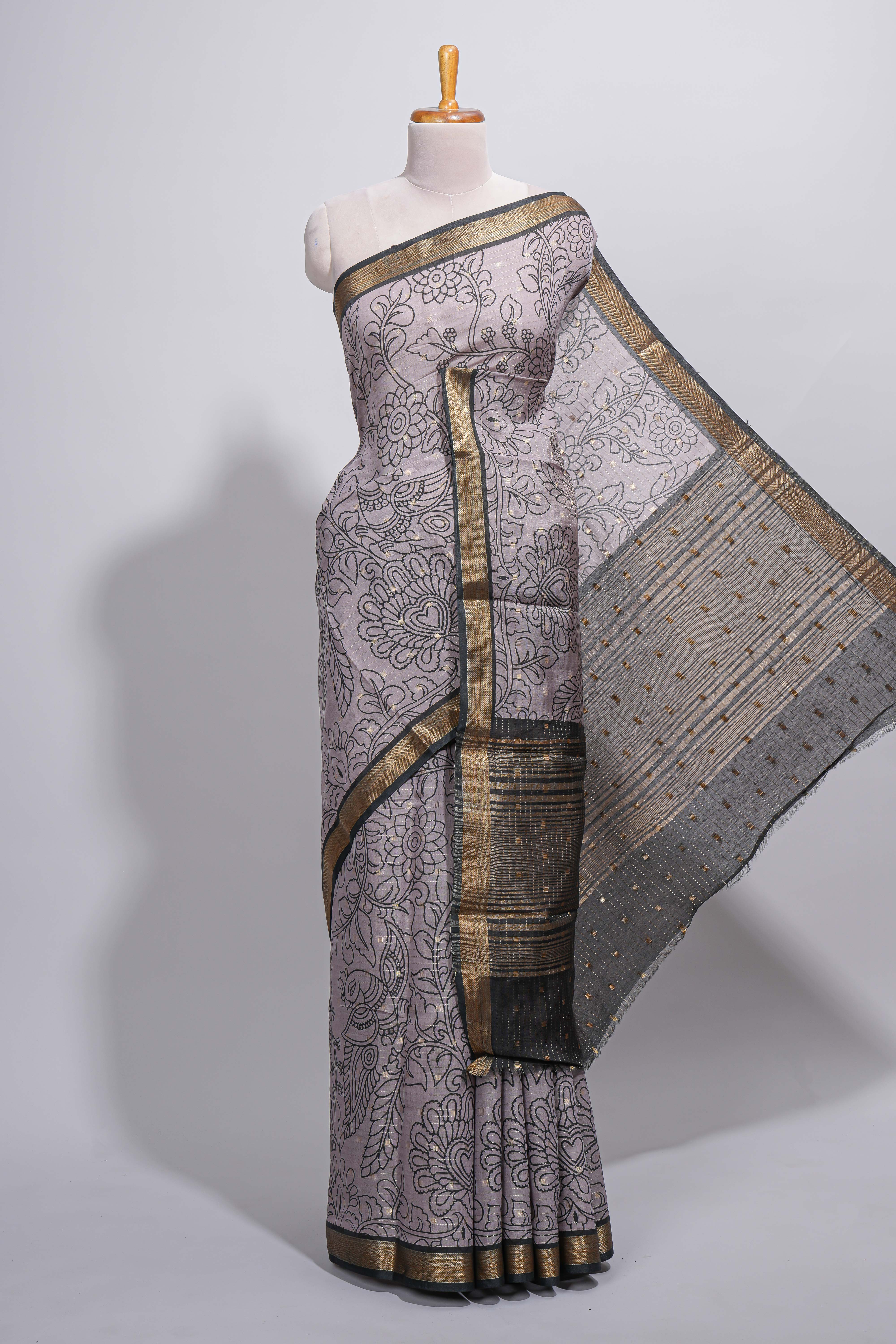Elegant Grey Assam Silk saree with floral vine motifs detailed woven patterns contrastpallu and zari border alond with contrast blouse