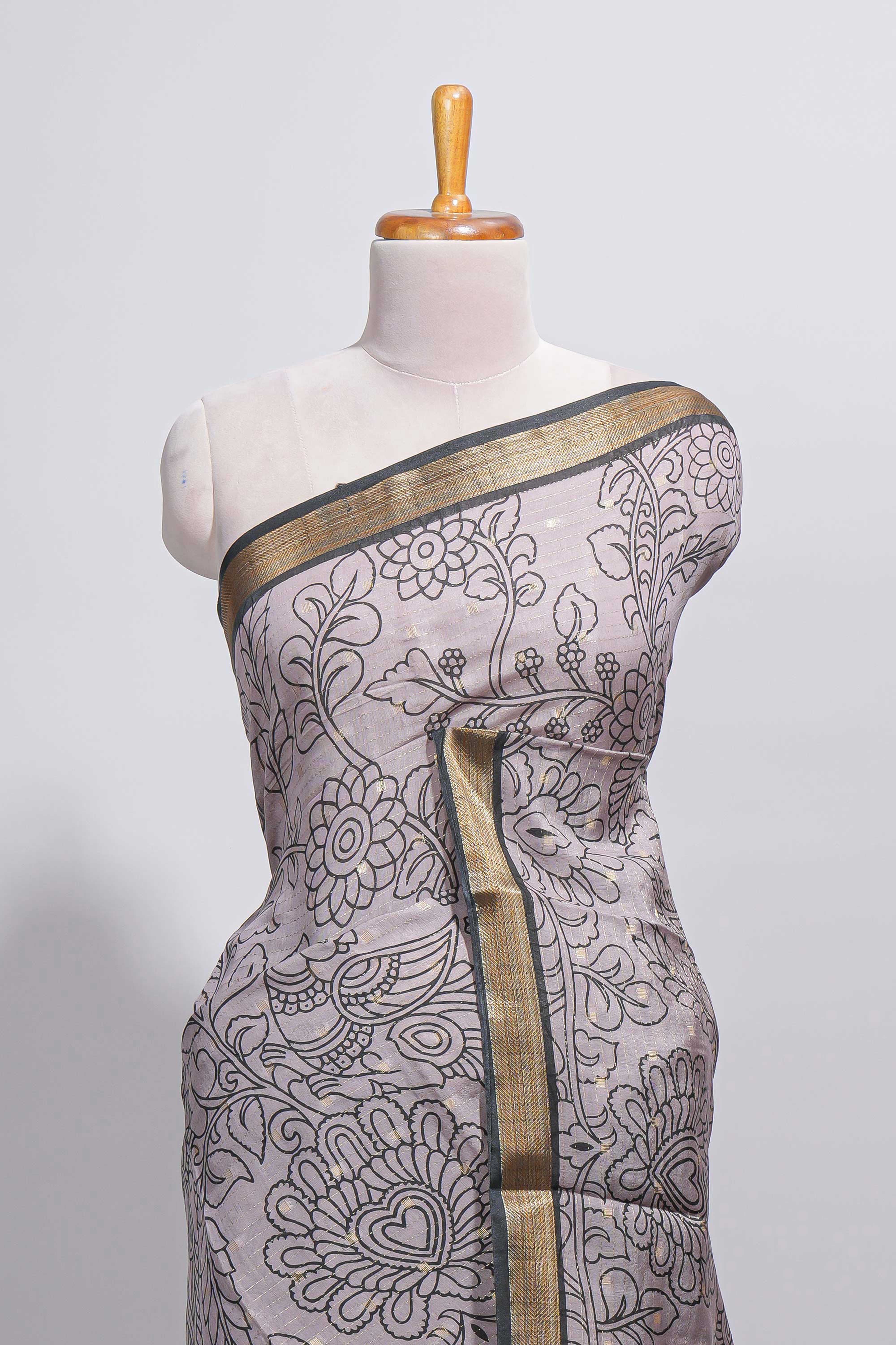 Elegant Grey Assam Silk saree with floral vine motifs detailed woven patterns contrastpallu and zari border alond with contrast blouse