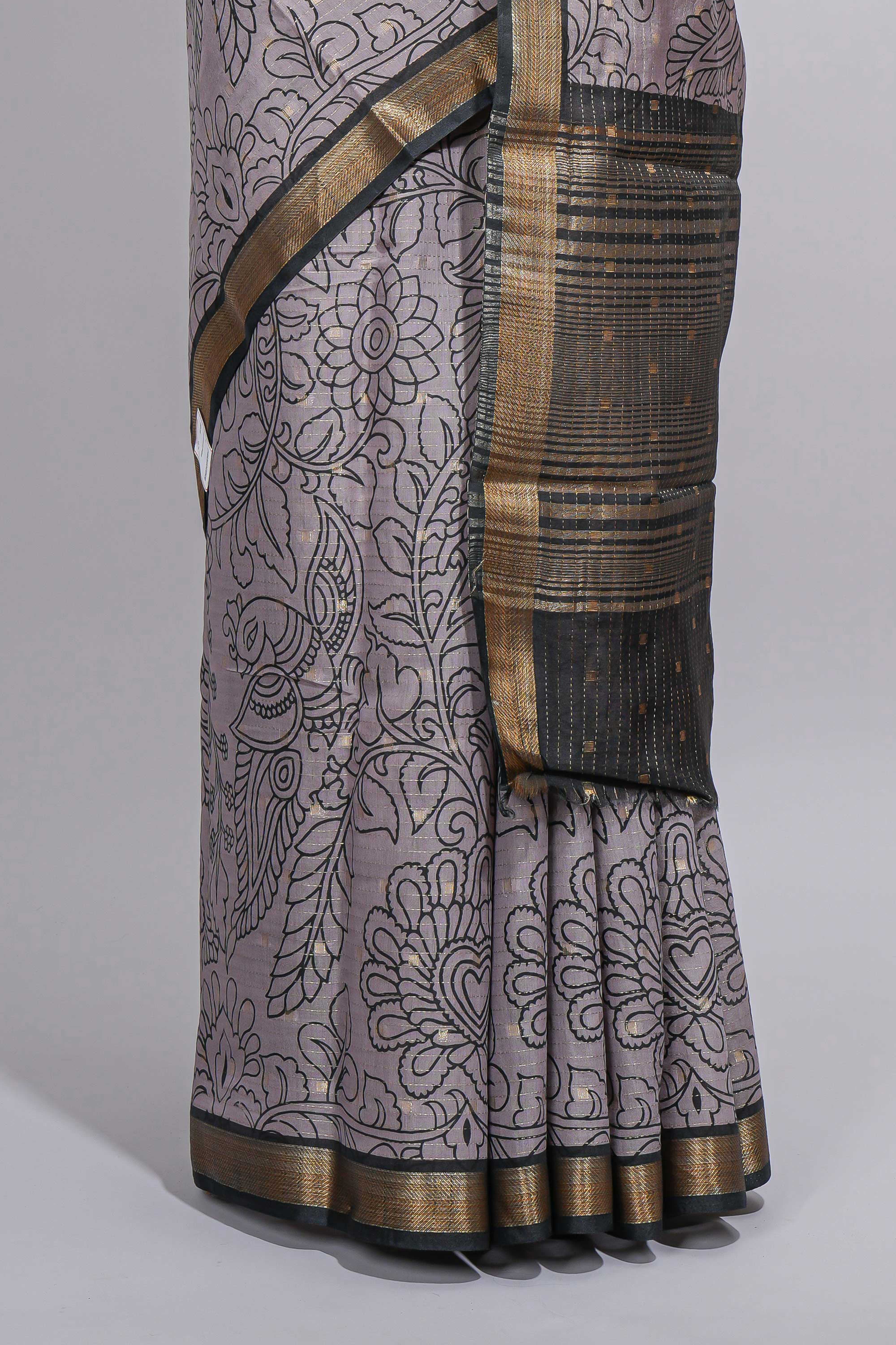 Elegant Grey Assam Silk saree with floral vine motifs detailed woven patterns contrastpallu and zari border alond with contrast blouse