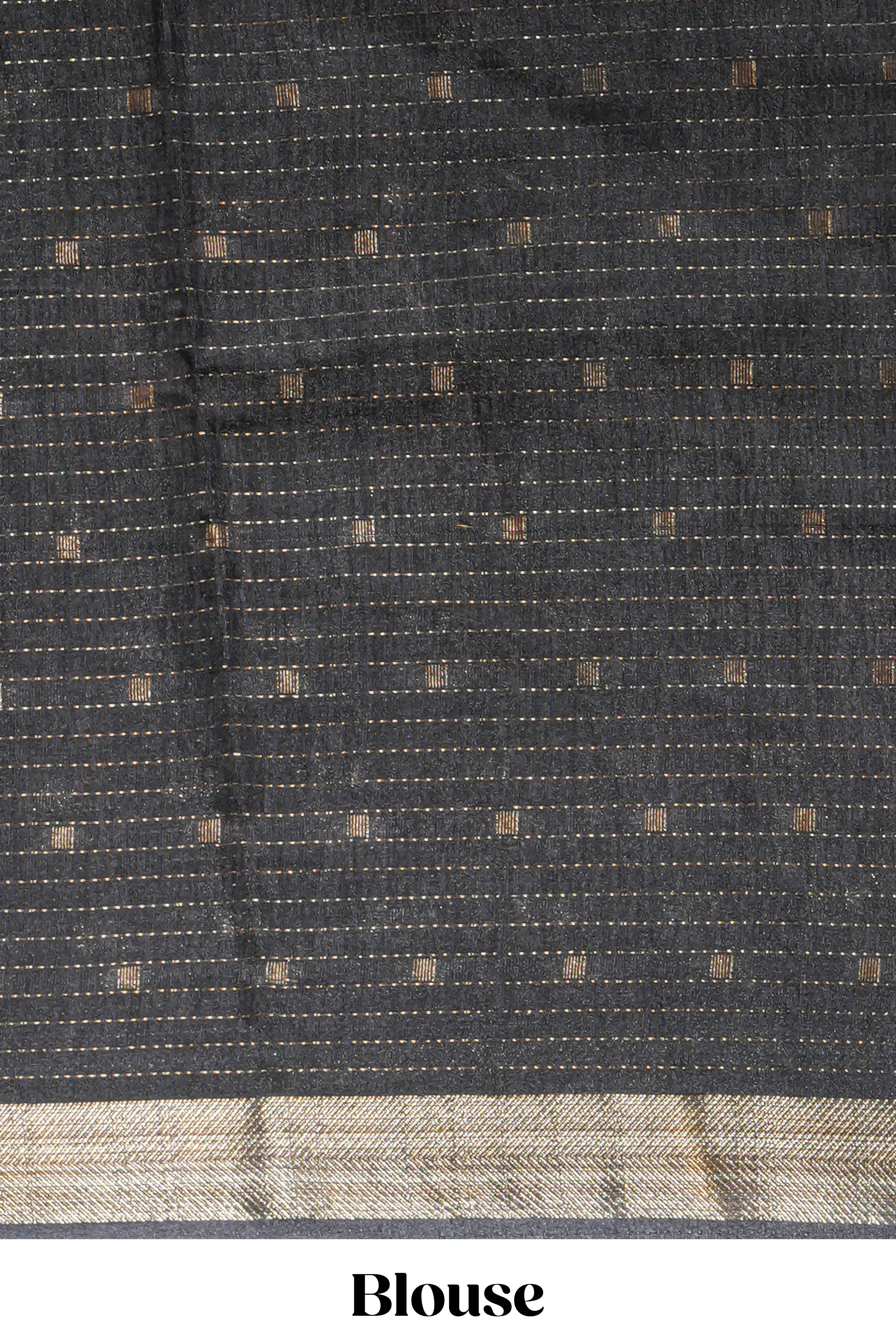 Elegant Grey Assam Silk saree with floral vine motifs detailed woven patterns contrastpallu and zari border alond with contrast blouse