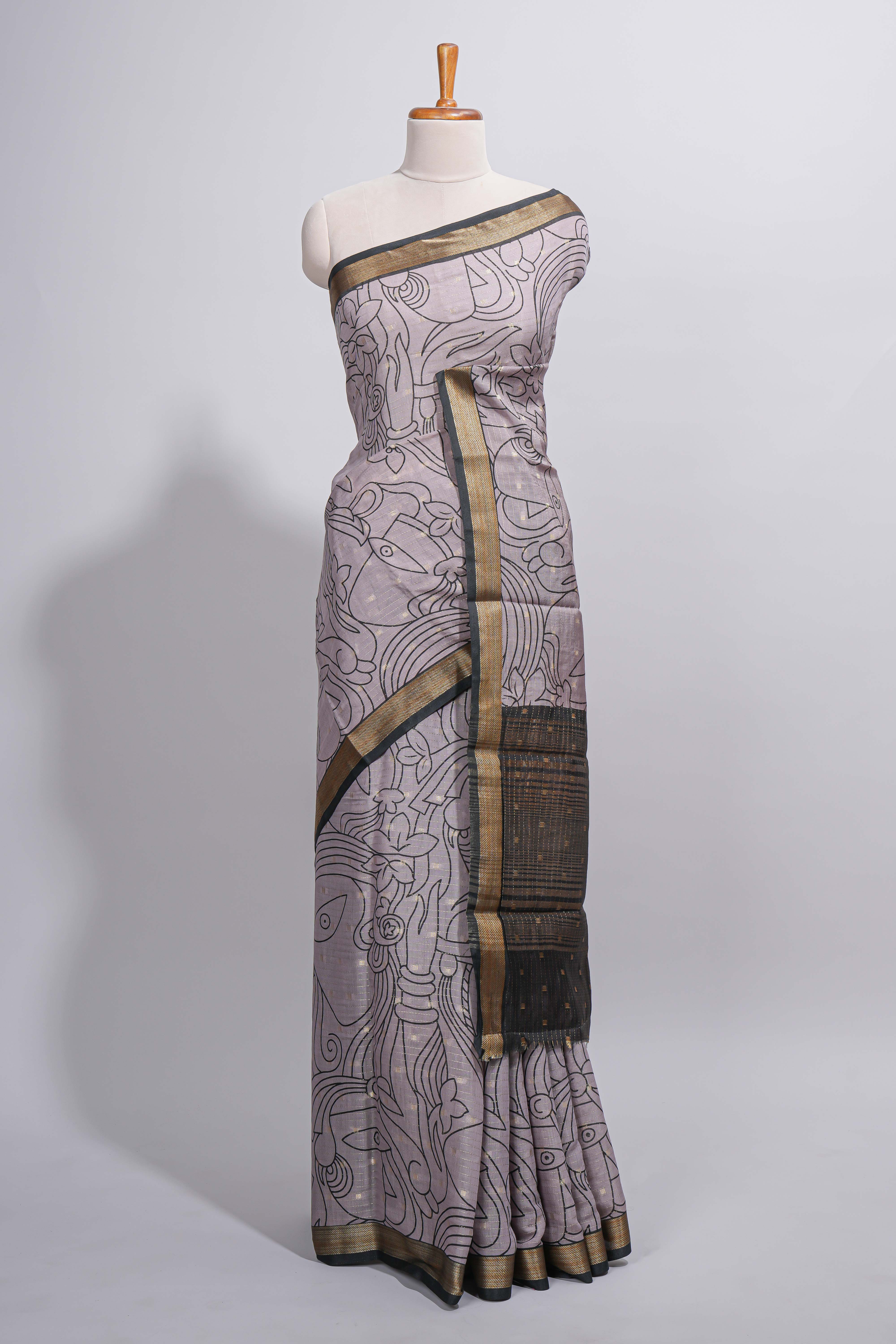 Grey green Assam Silk saree abstract floral line motifs subtle woven details contrast pallu and rich zari border and contrast blouse