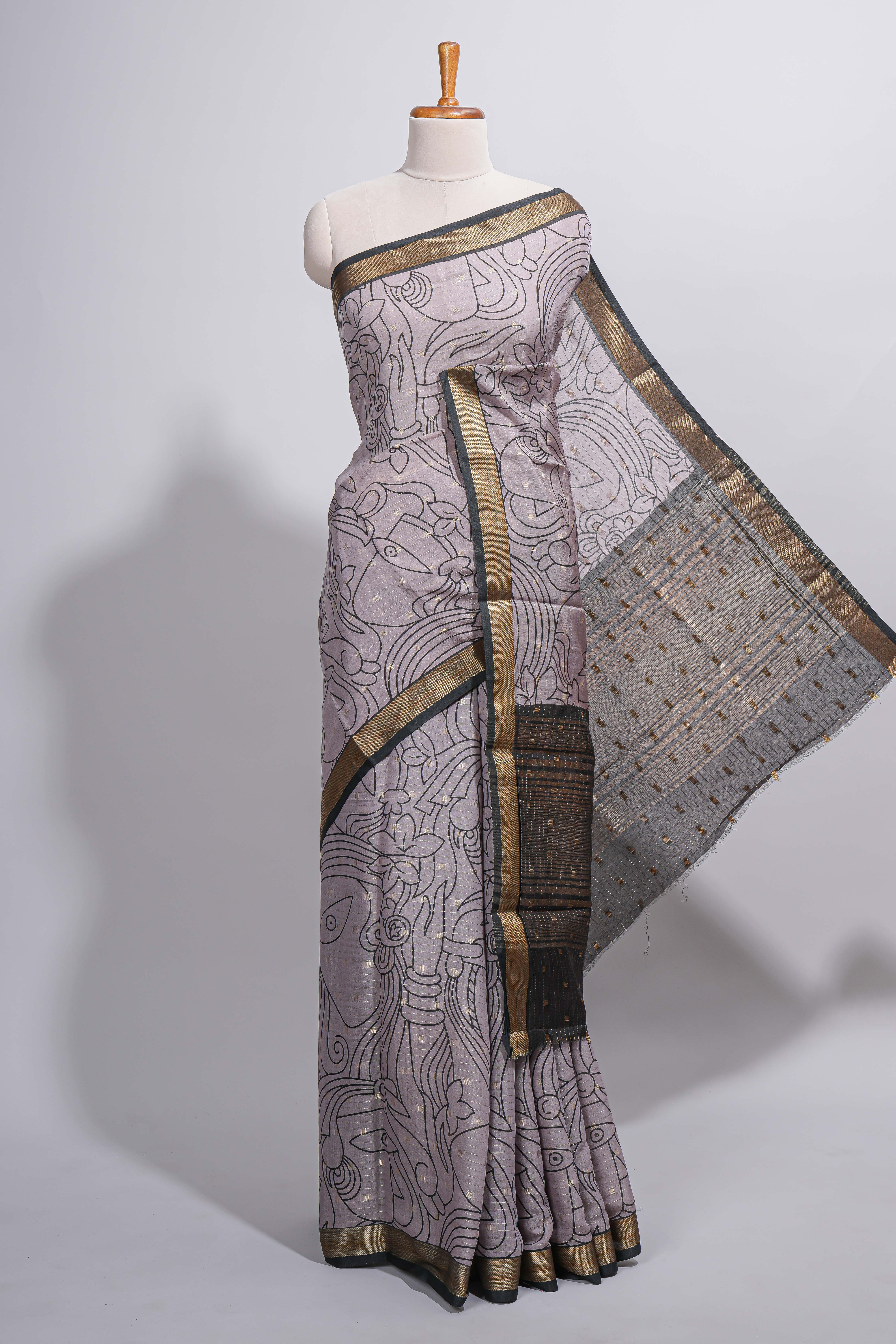 Grey green Assam Silk saree abstract floral line motifs subtle woven details contrast pallu and rich zari border and contrast blouse