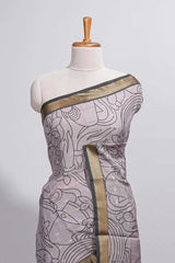 Grey green Assam Silk saree abstract floral line motifs subtle woven details contrast pallu and rich zari border and contrast blouse