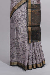 Grey green Assam Silk saree abstract floral line motifs subtle woven details contrast pallu and rich zari border and contrast blouse