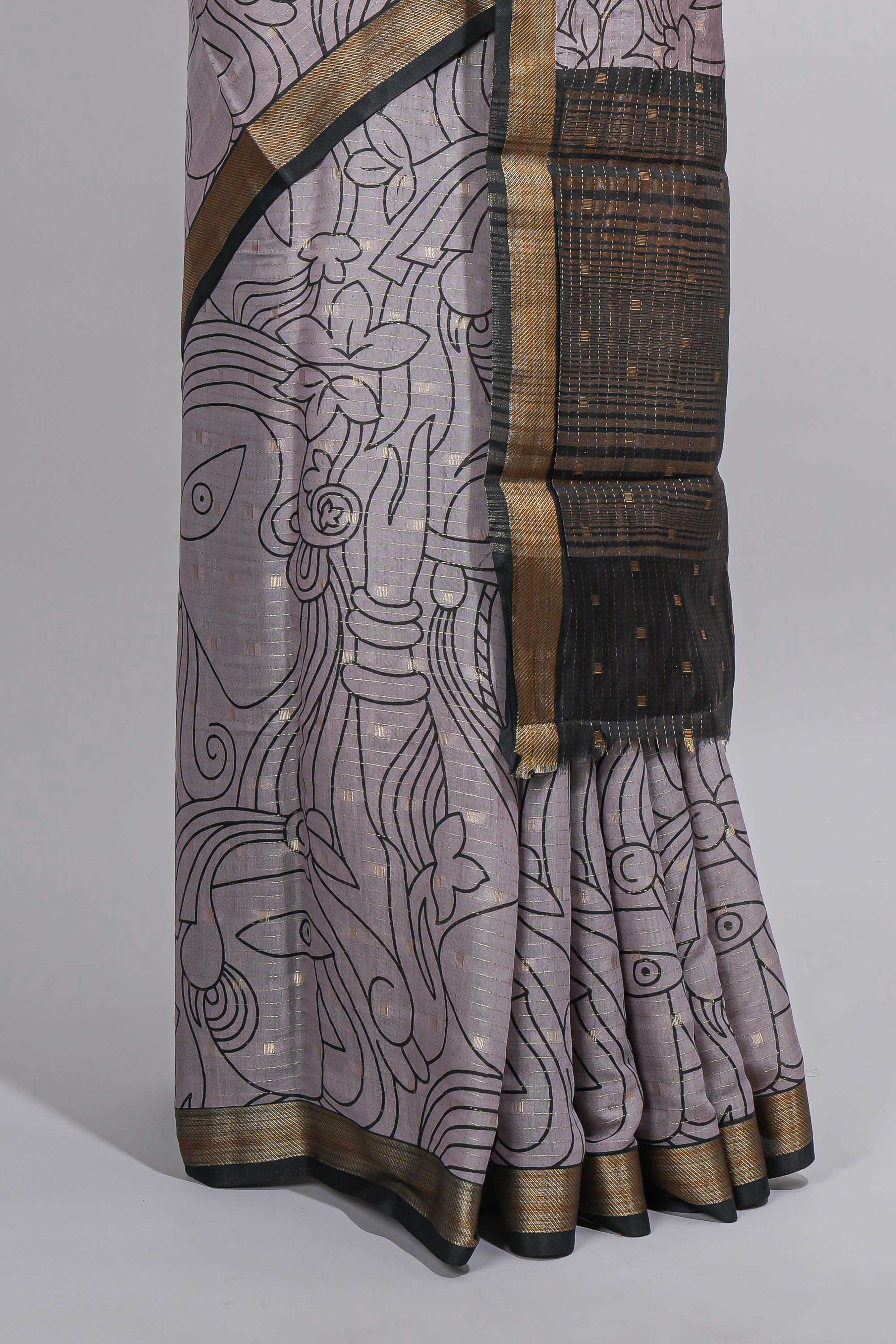 Grey green Assam Silk saree abstract floral line motifs subtle woven details contrast pallu and rich zari border and contrast blouse