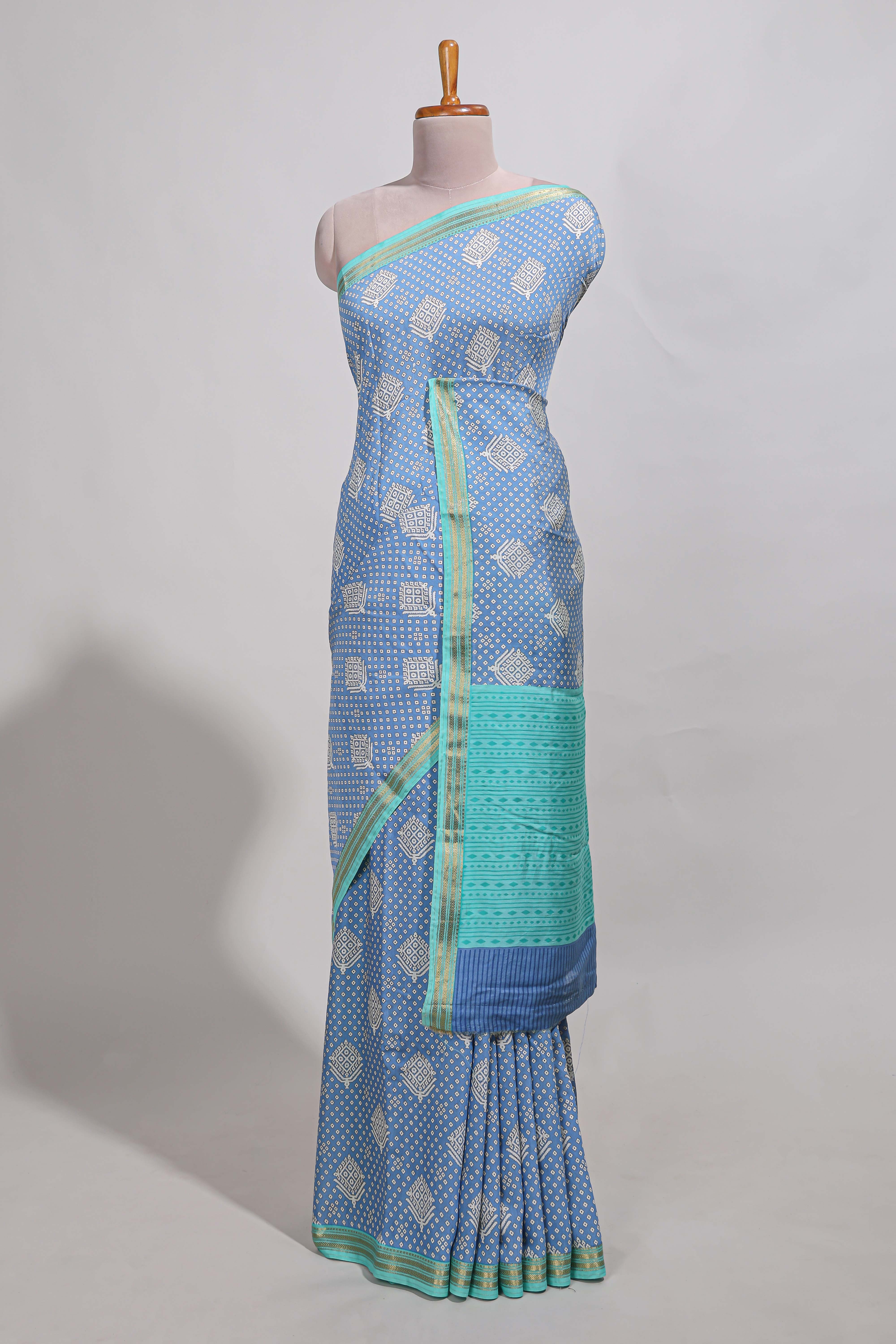 Blue bandhaniassam silk saree withzari border and matching blouse