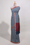 navy blue geometric printassam silk saree withzari border and matching blouse