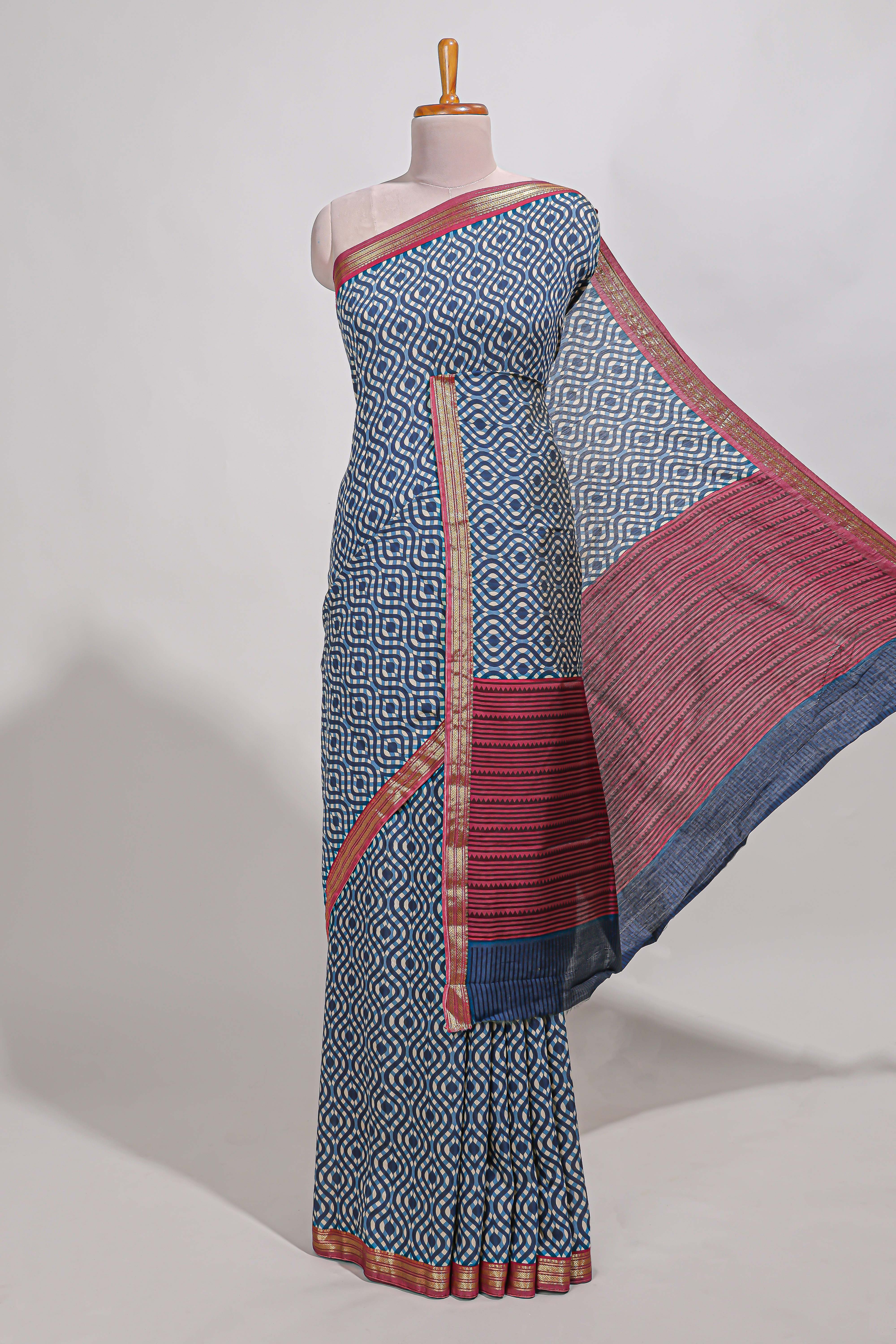 navy blue geometric printassam silk saree withzari border and matching blouse