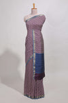 violet geometric printassam silk saree withzari border and matching blouse