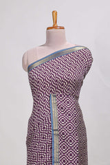 violet geometric printassam silk saree withzari border and matching blouse