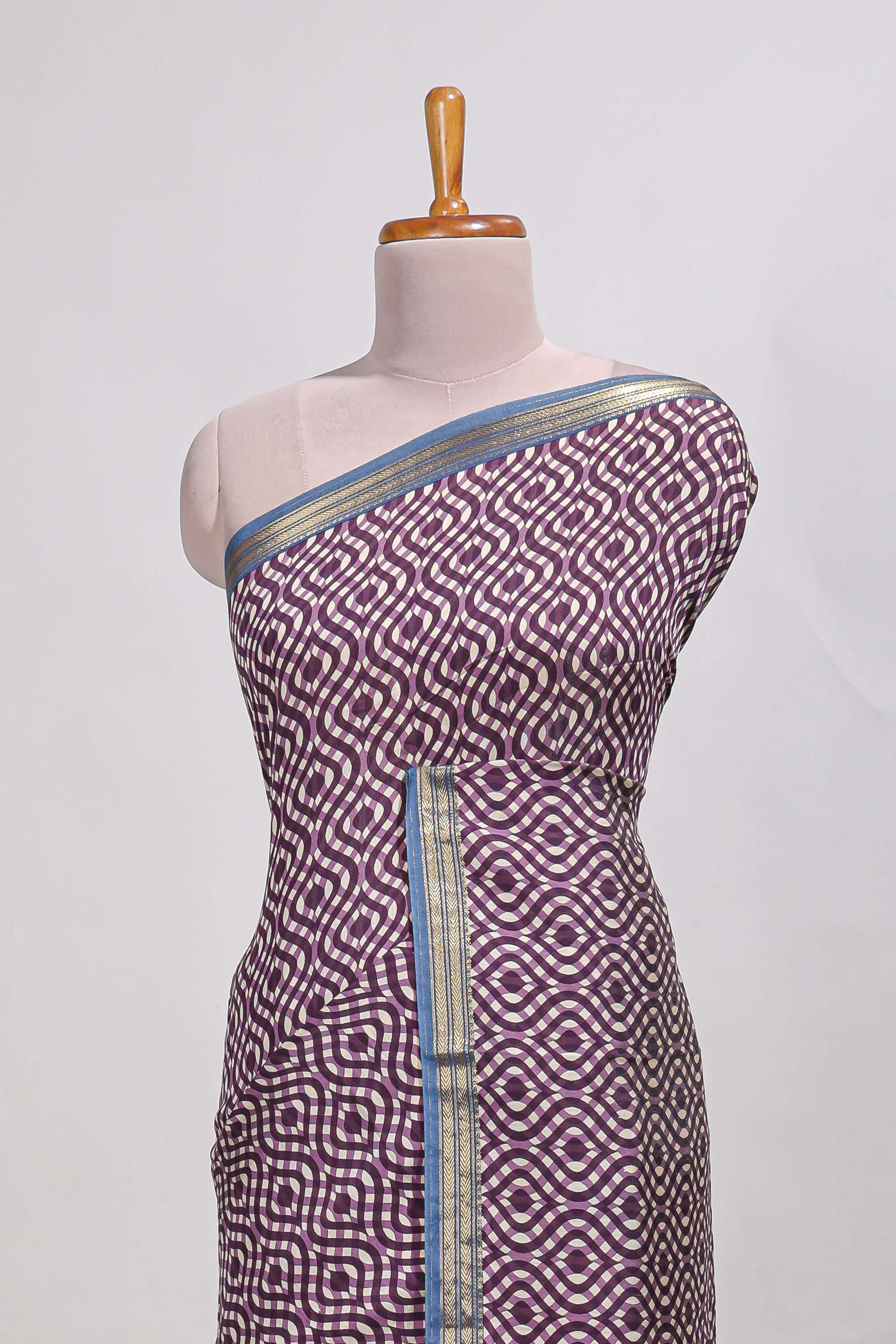 violet geometric printassam silk saree withzari border and matching blouse