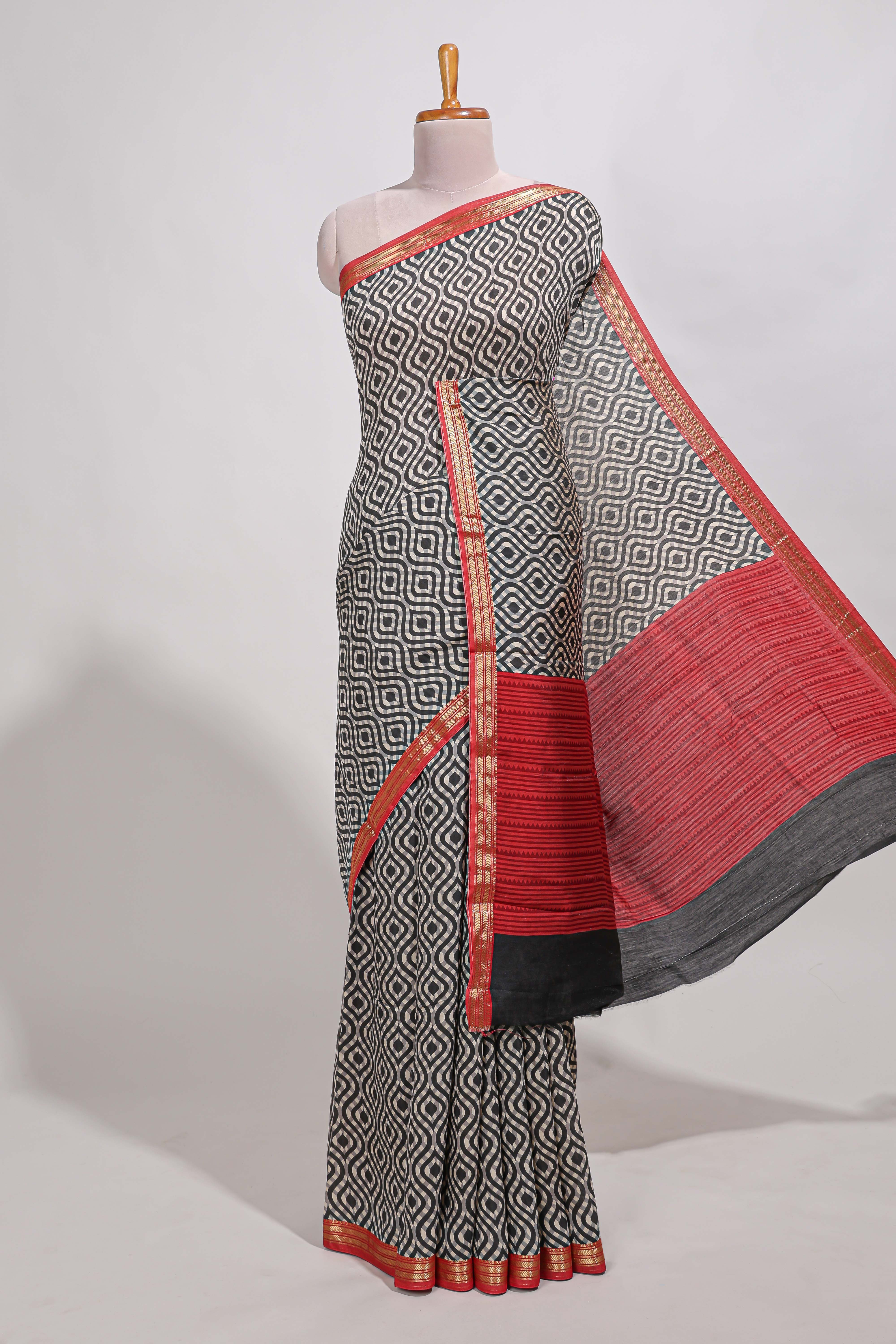 Grey geometric printassam silk saree withzari border and matching blouse