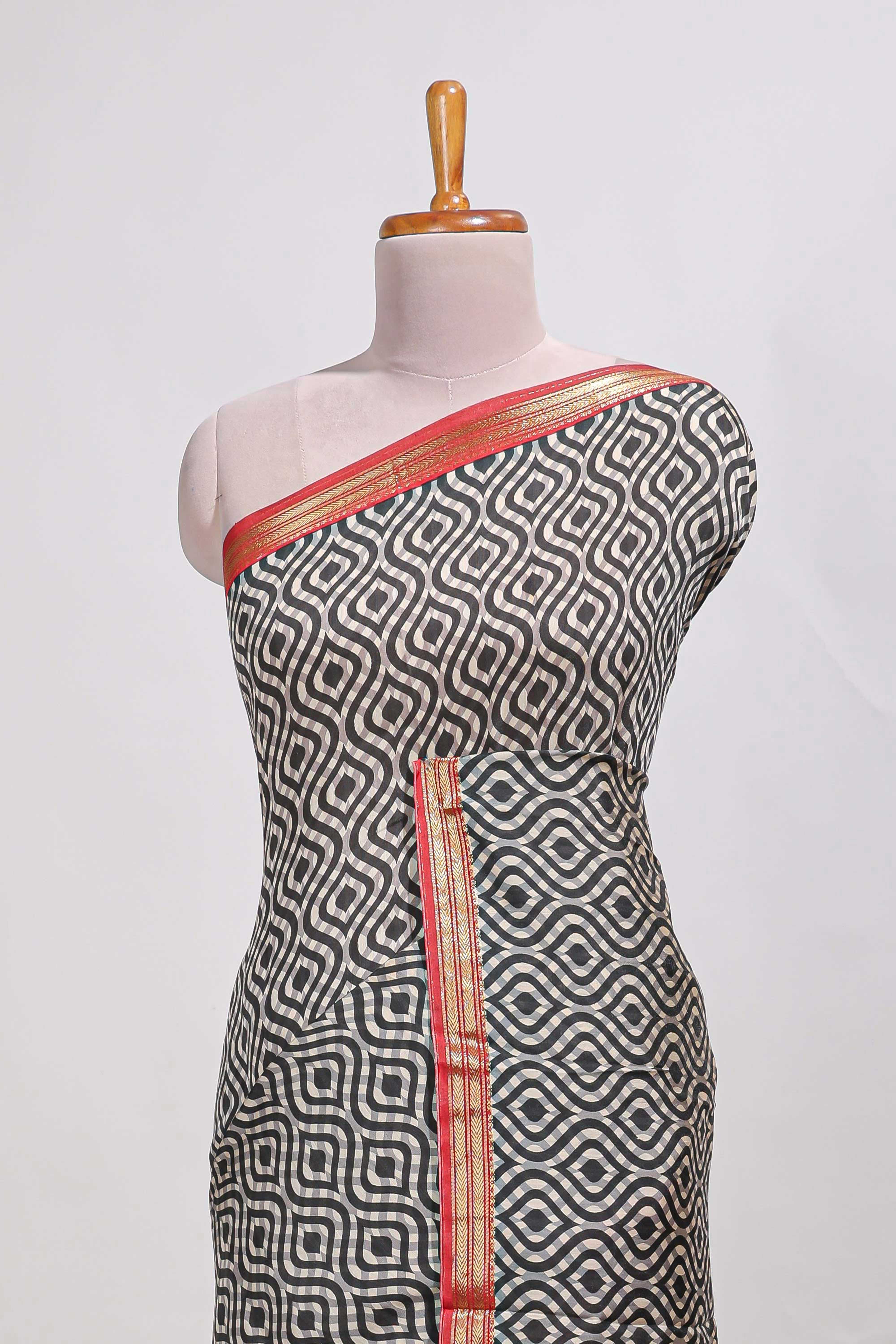 Grey geometric printassam silk saree withzari border and matching blouse