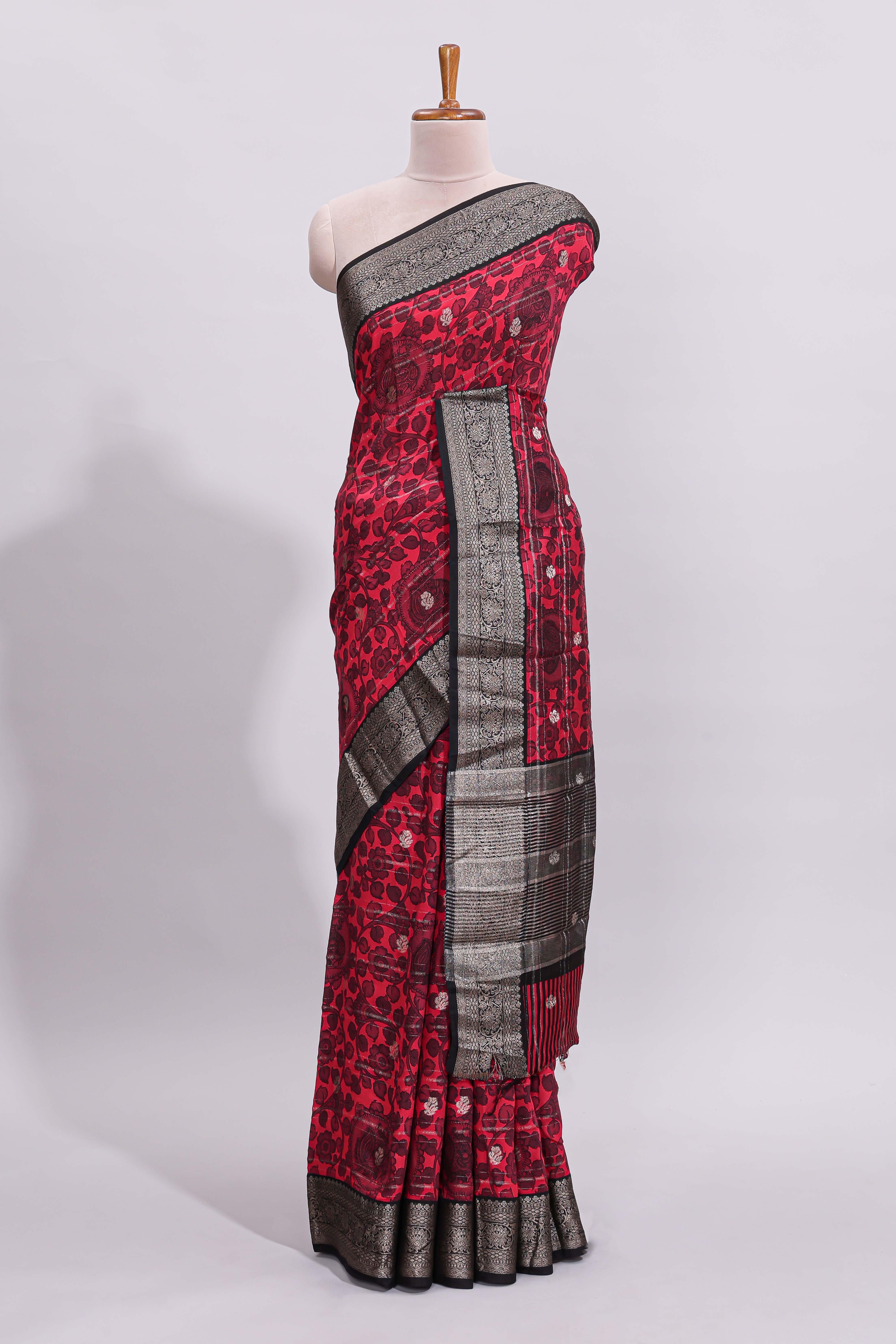 Pink floral design zari motifs assam silk saree with contrast zari border matching striped blouse