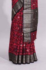 Pink floral design zari motifs assam silk saree with contrast zari border matching striped blouse
